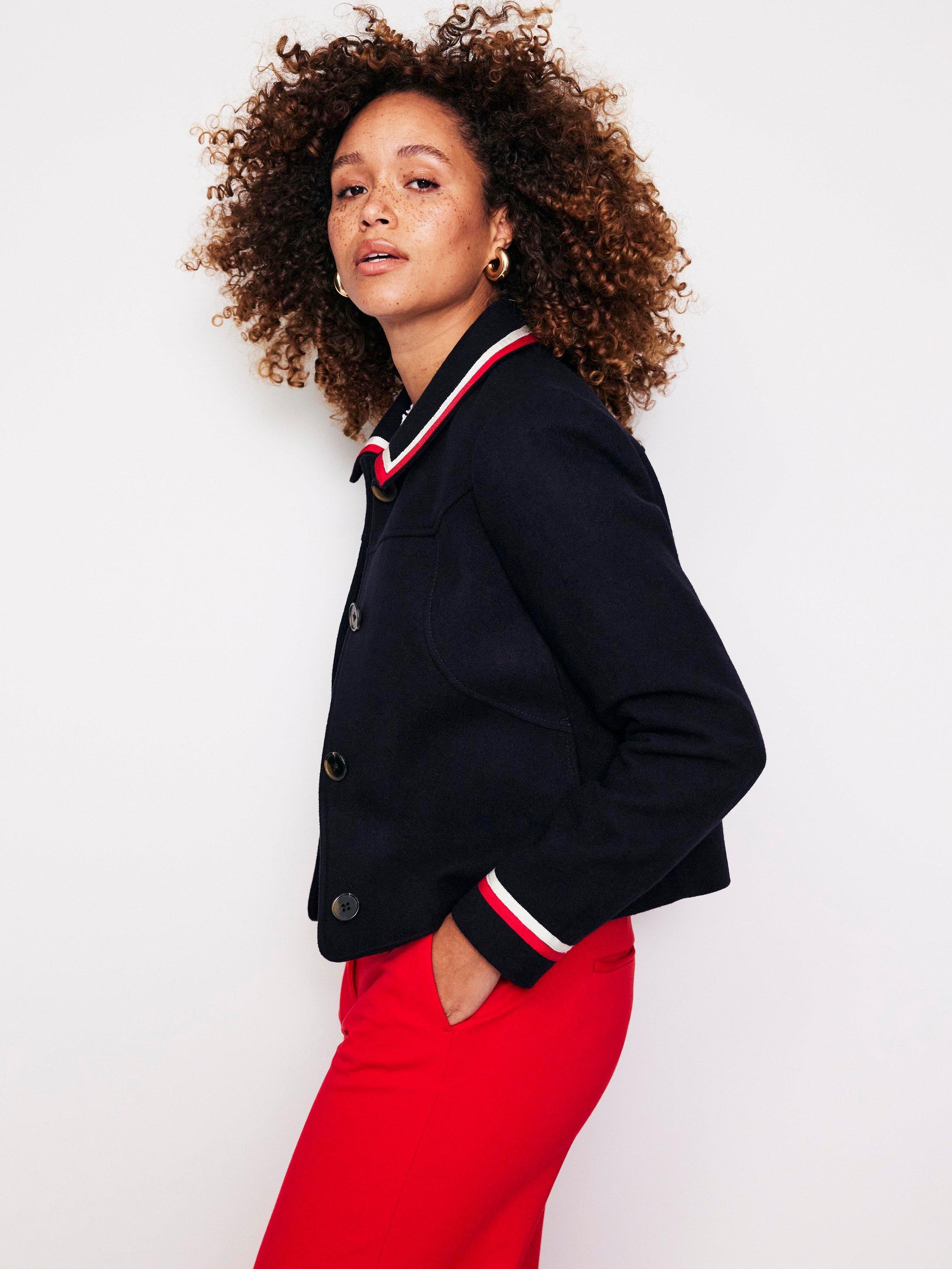 Product image 4 of 6, which shows Boden Oxford Melton Contrast Stripe Wool Blend Jacket, Navy, 10