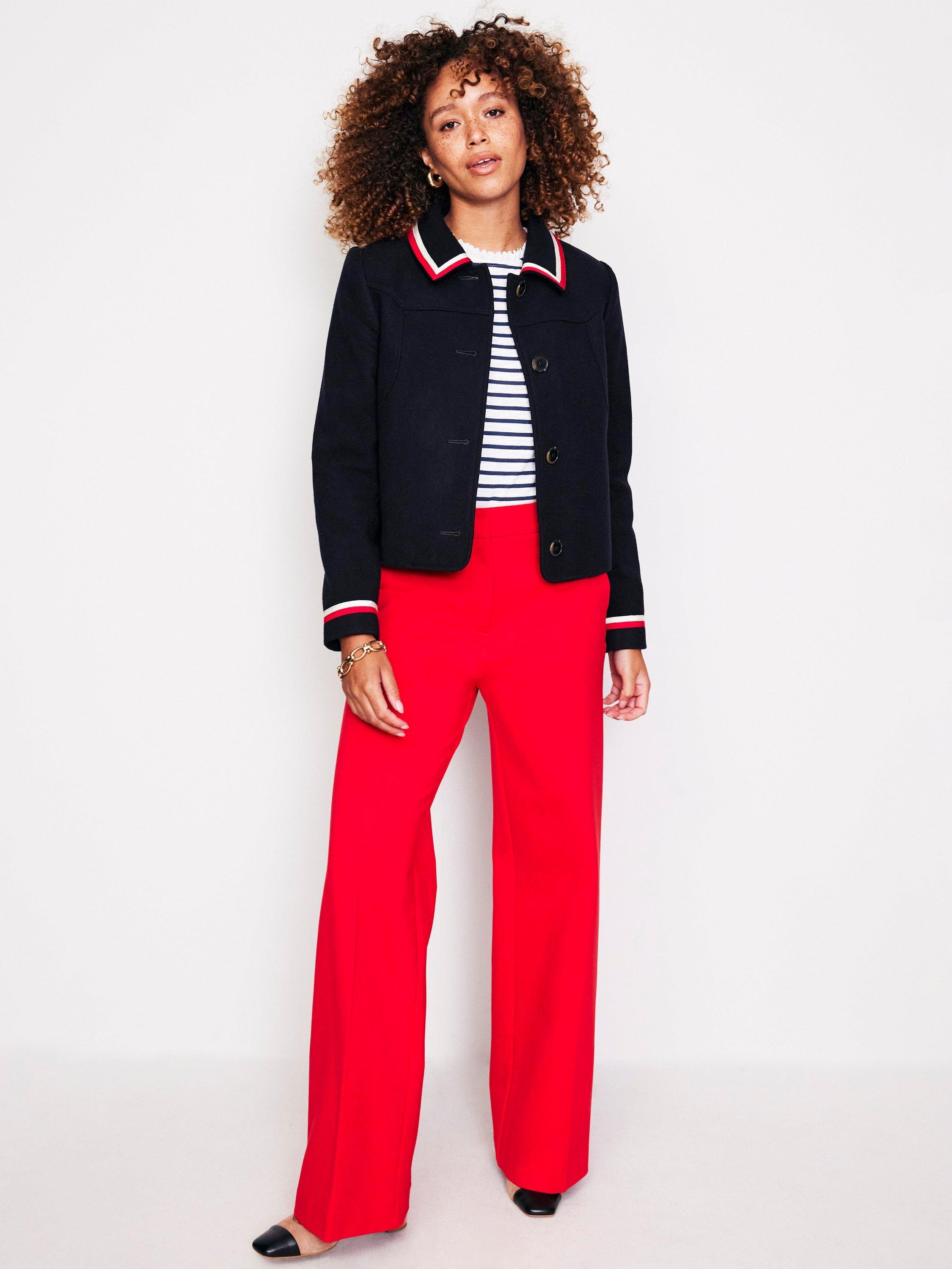 Product image 5 of 6, which shows Boden Oxford Melton Contrast Stripe Wool Blend Jacket, Navy, 10