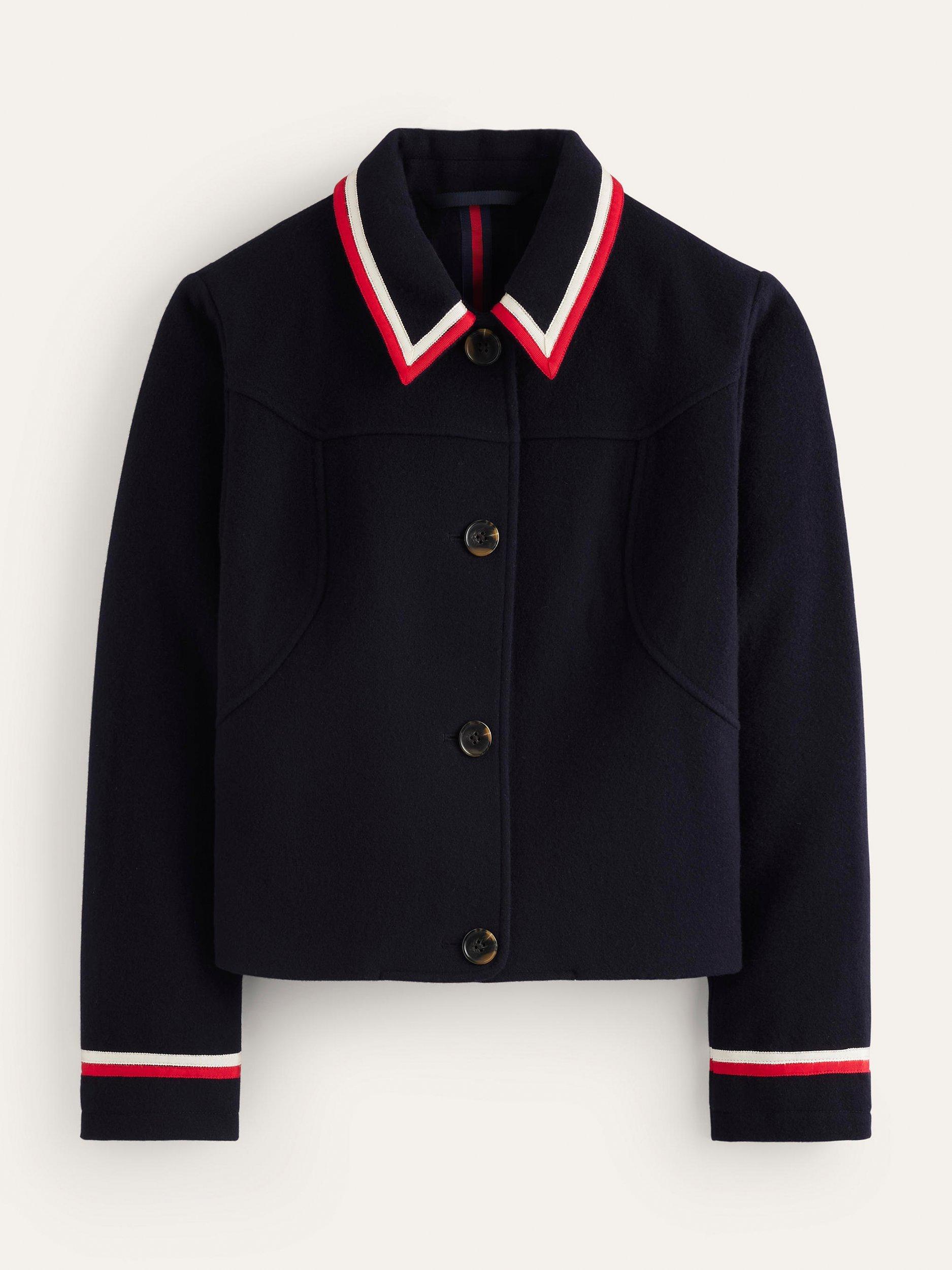 Product image 6 of 6, which shows Boden Oxford Melton Contrast Stripe Wool Blend Jacket, Navy, 10
