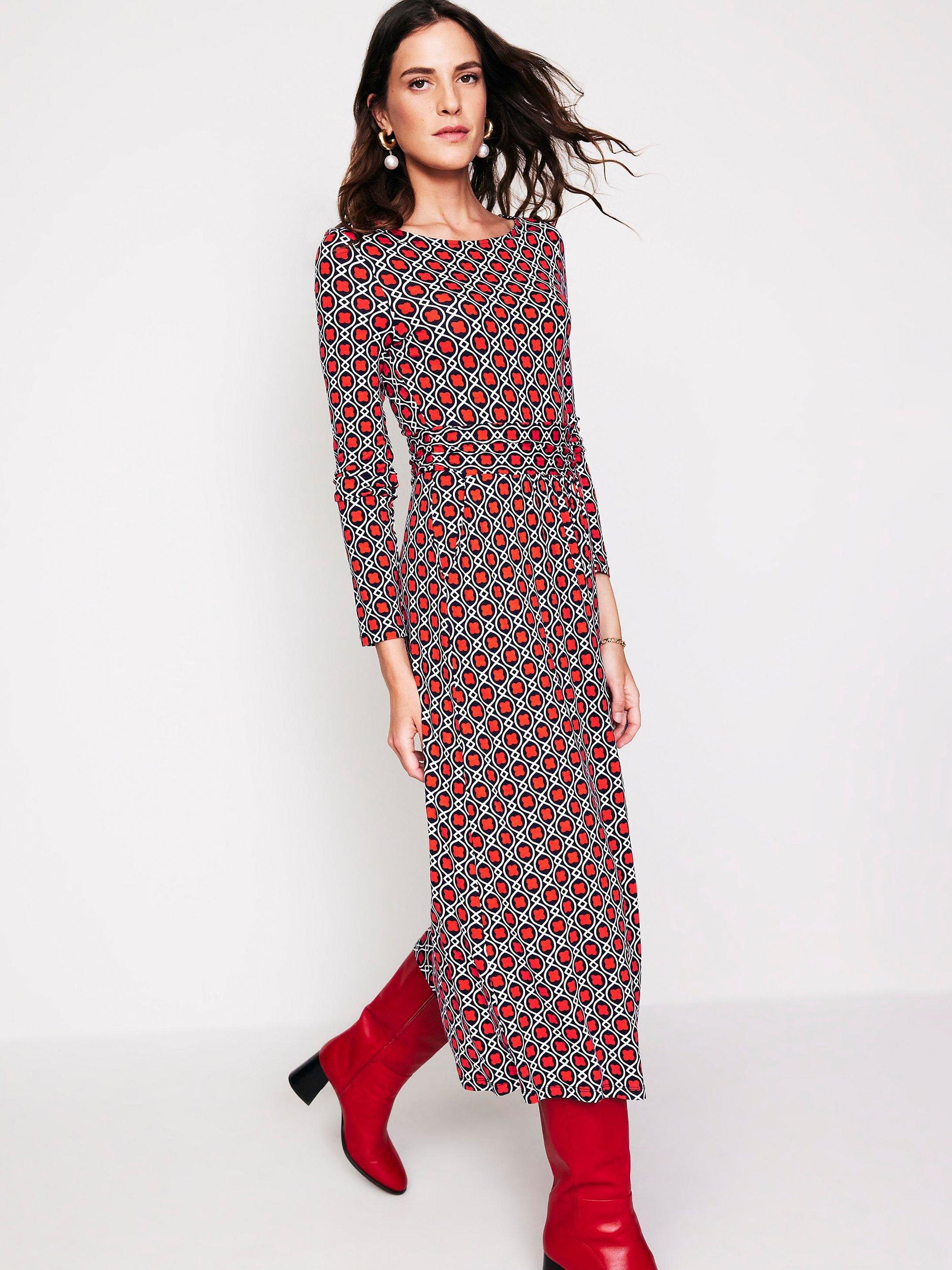 Boden Amelie Geometric Long Sleeve Dress Orange Multi