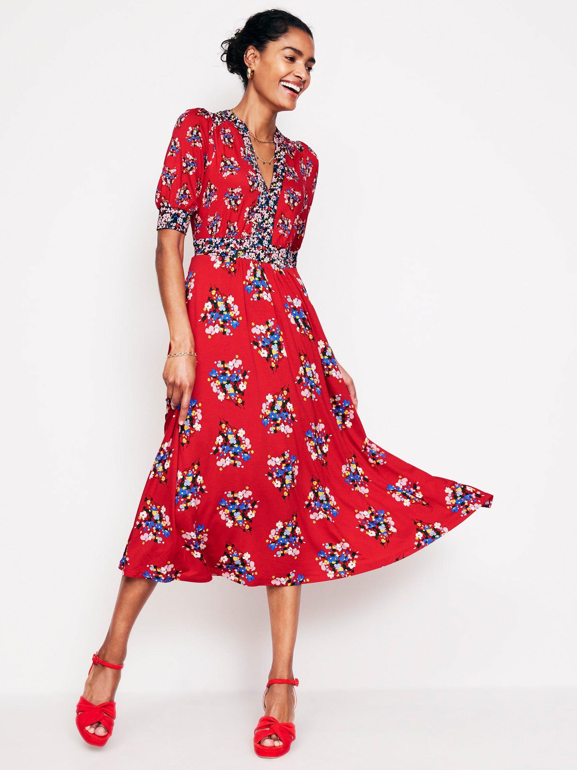 Boden Lily Floral Midi Dress, Ruby