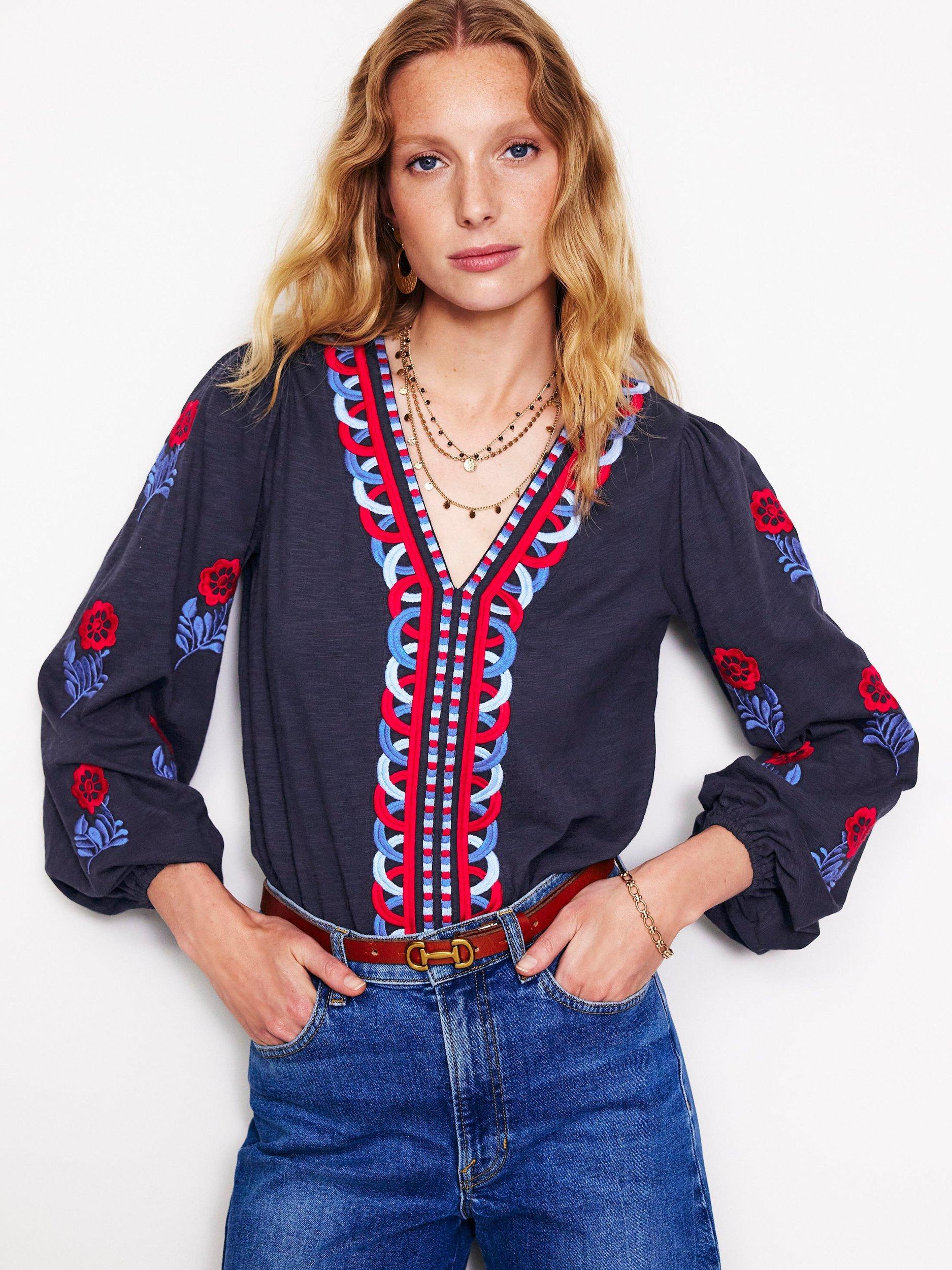 Boden Floral Embroidered V-Neck Top, Navy/Multi