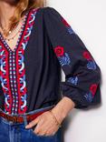 Boden Floral Embroidered V-Neck Top, Navy/Multi