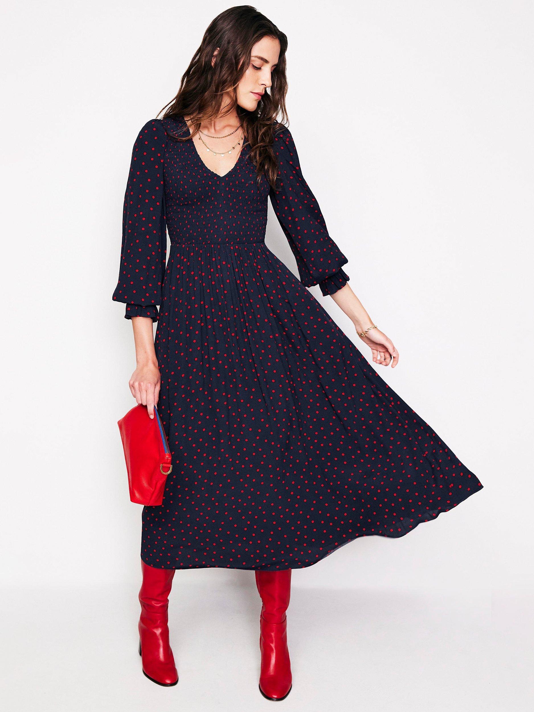 Boden Gemma Polka Dot Smocked Midi Dress Navy Red