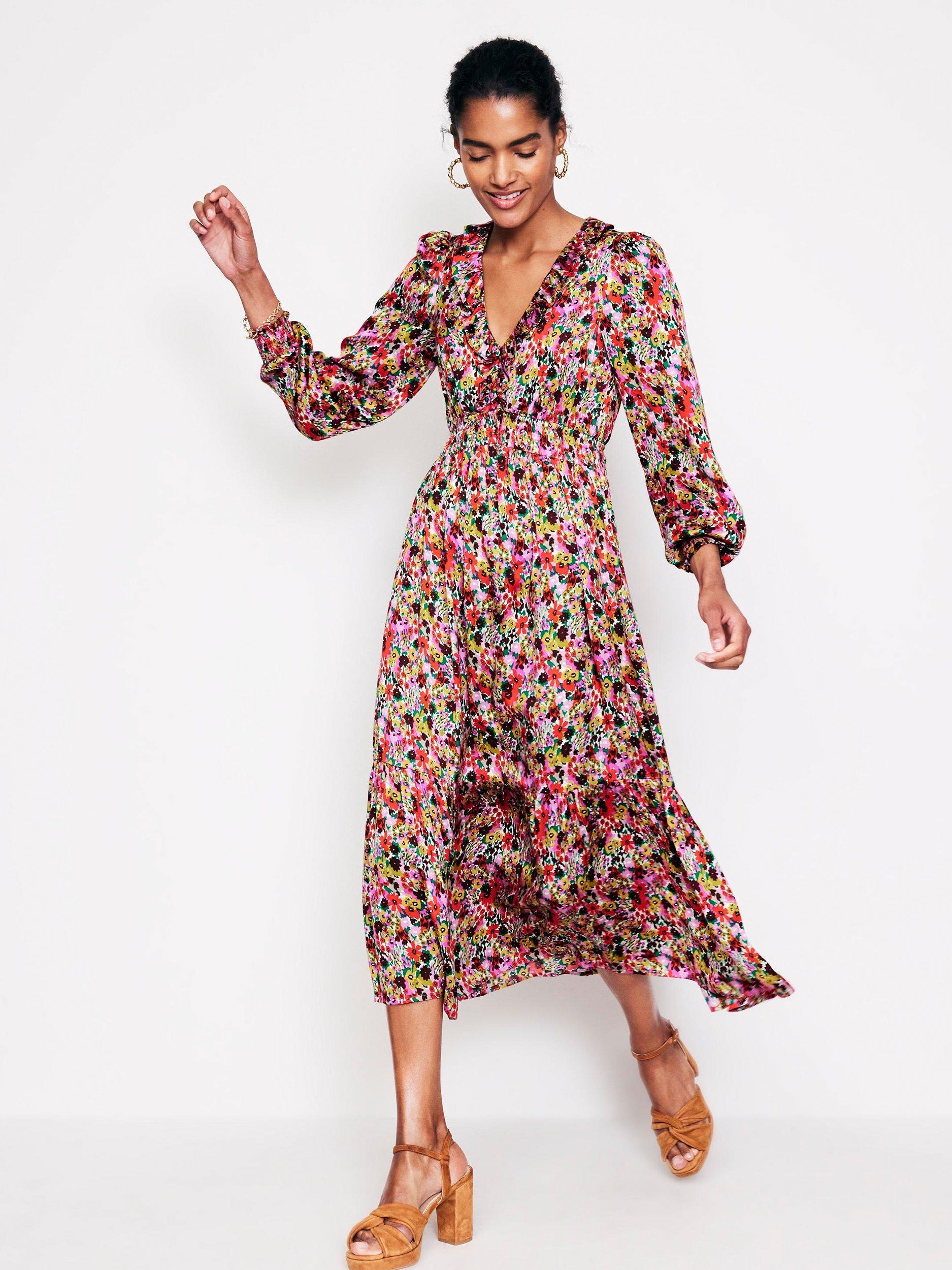 Boden Shirred Ruffle Floral Dress Multi