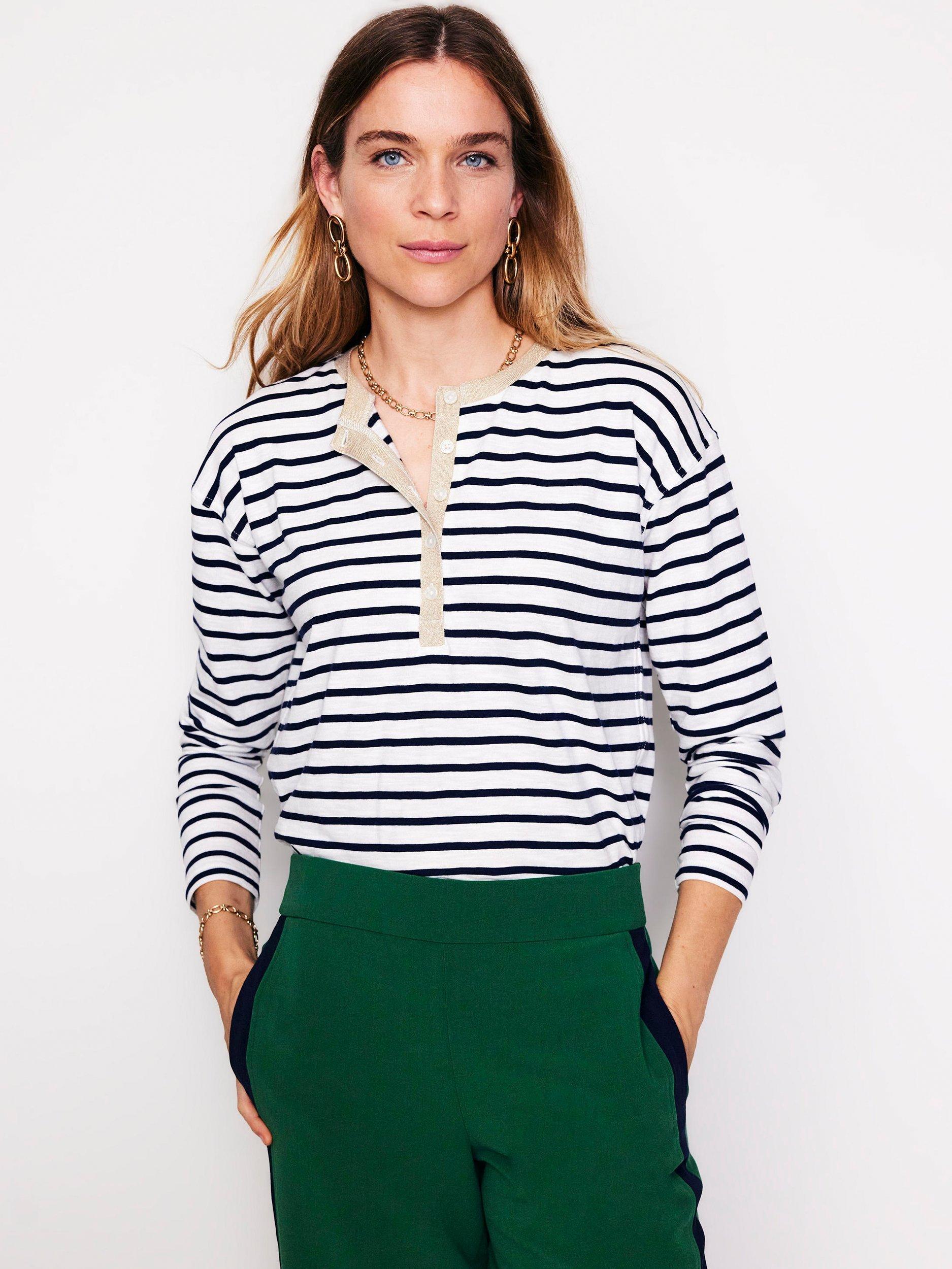 Boden Stripe Metallic Trim Henley Top, Ivory/Navy