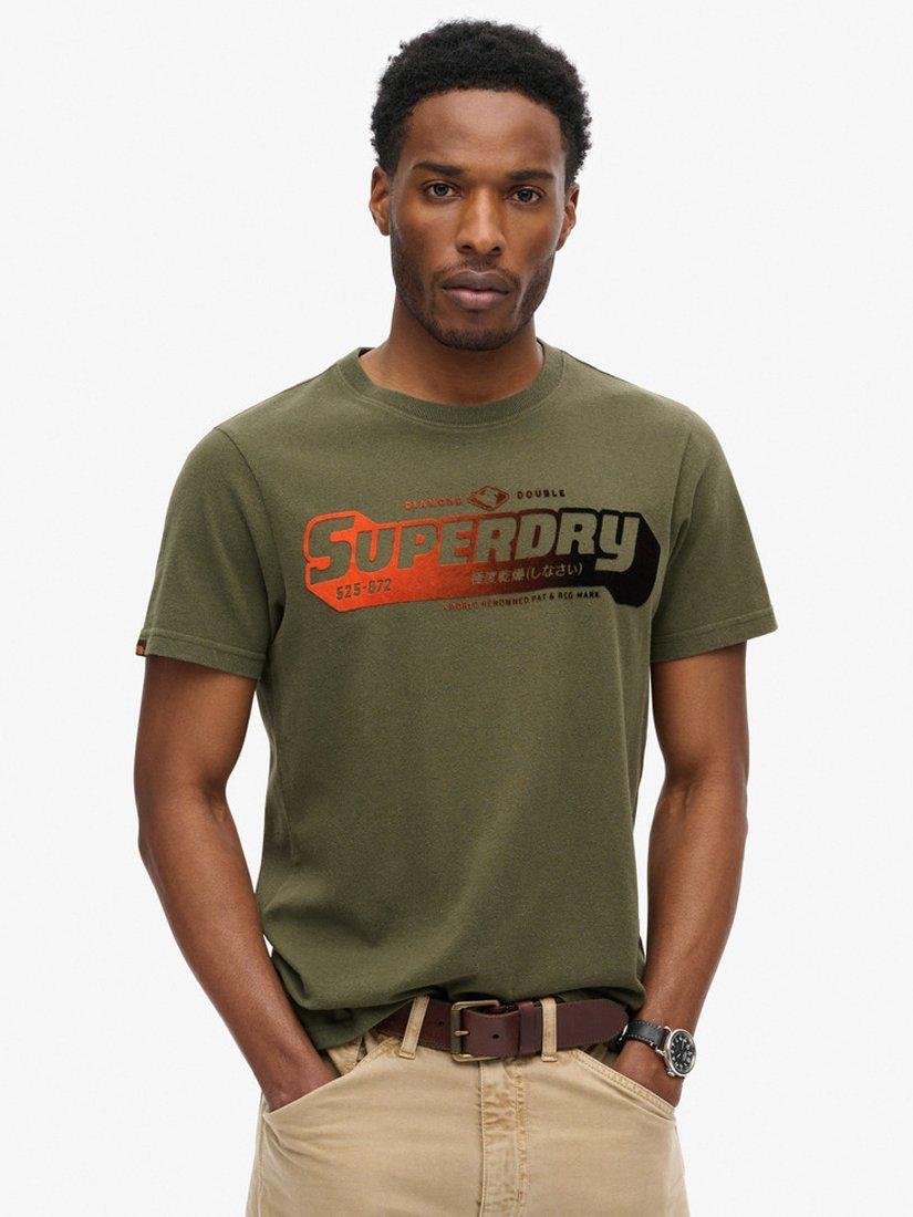 Product image 1 of 6, which shows Superdry Flocked Fade Graphic T-Shirt, Khaki Green Marl, S