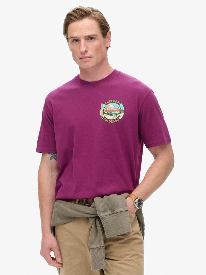 Product image 1 of 5, which shows Superdry Travel Postcard Chest Print T-Shirt, Magenta Purple, S