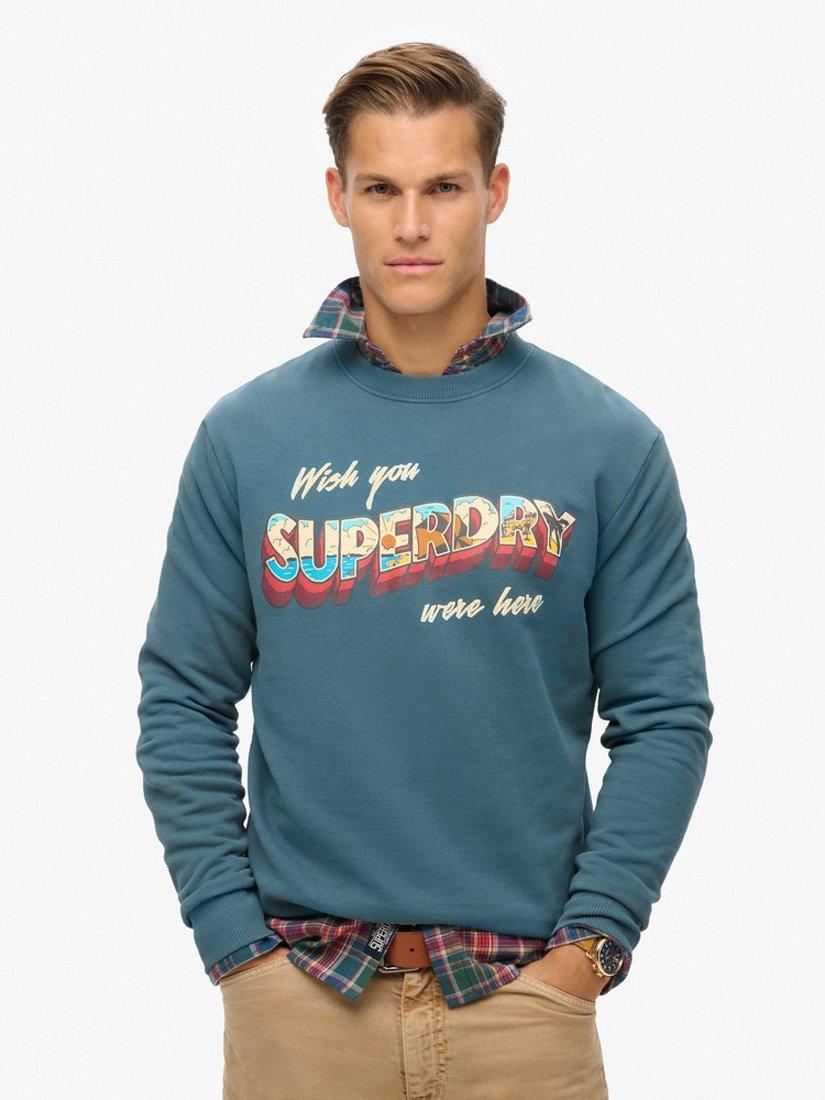 Product image 1 of 5, which shows Superdry Travel Postcard Graphic Crew Sweatshirt, Stargazer Blue, S