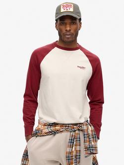 Superdry Essential Logo Baseball Long Sleeve Top, White Sand/Burgundy, White Sand/Burgundy