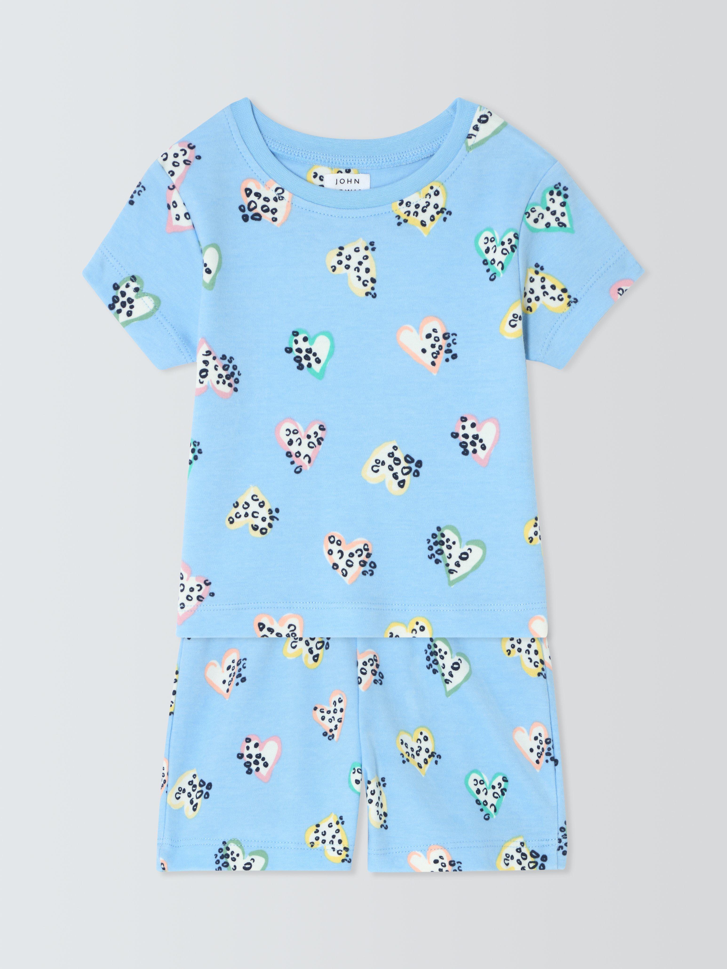 Product image 1 of 3, which shows John Lewis Baby Leopard Heart Cotton Shortie Pyjamas, Blue/Multi, 3-6 months