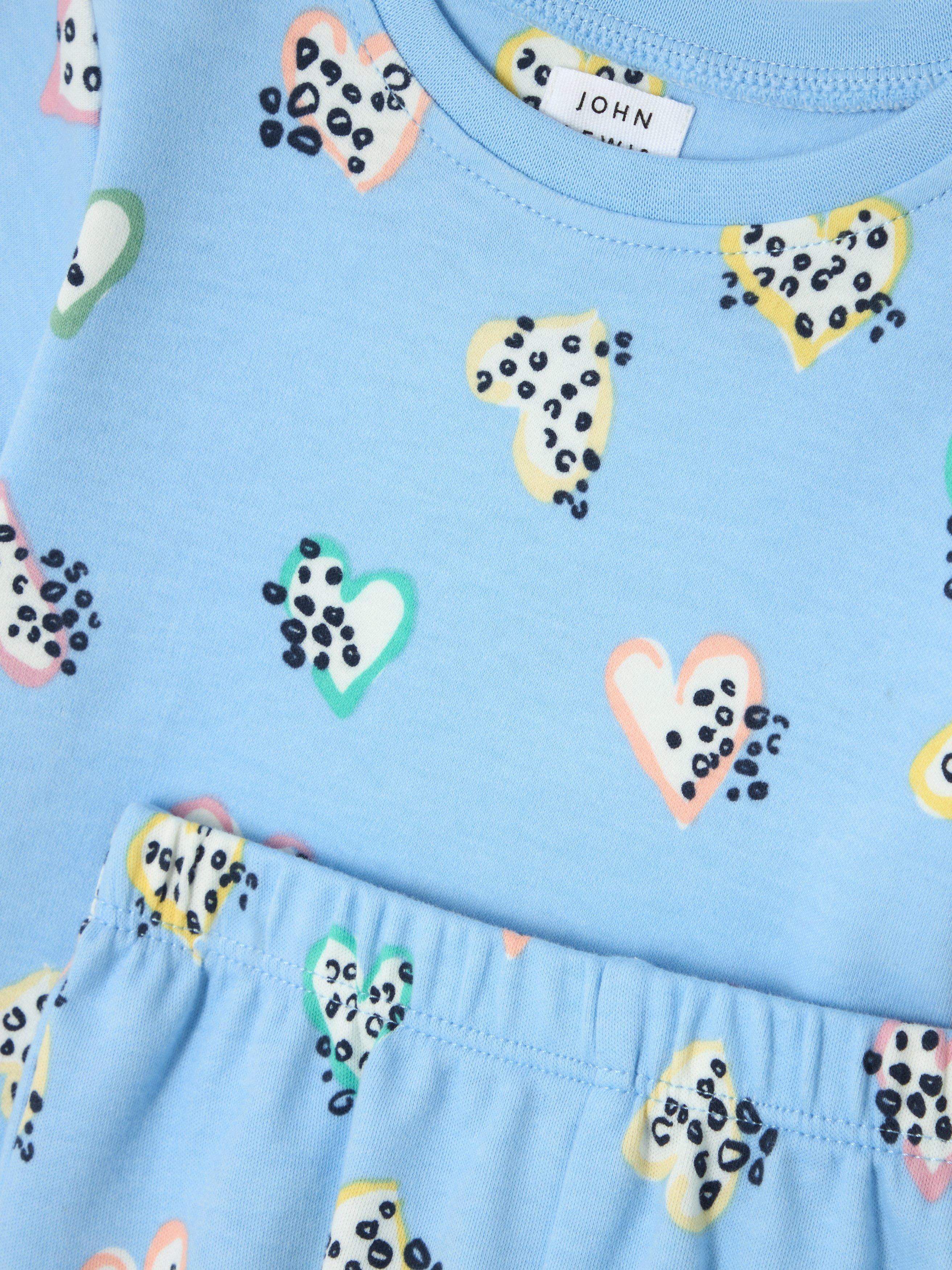 Product image 3 of 3, which shows John Lewis Baby Leopard Heart Cotton Shortie Pyjamas, Blue/Multi, 3-6 months