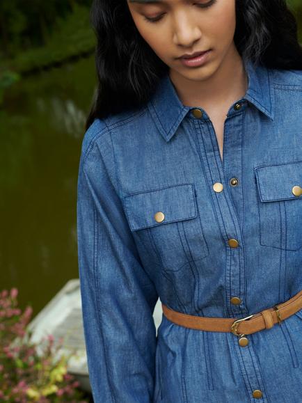 Ro&Zo Denim Long Sleeve Shirt Dress, Blue - view 2, Blue