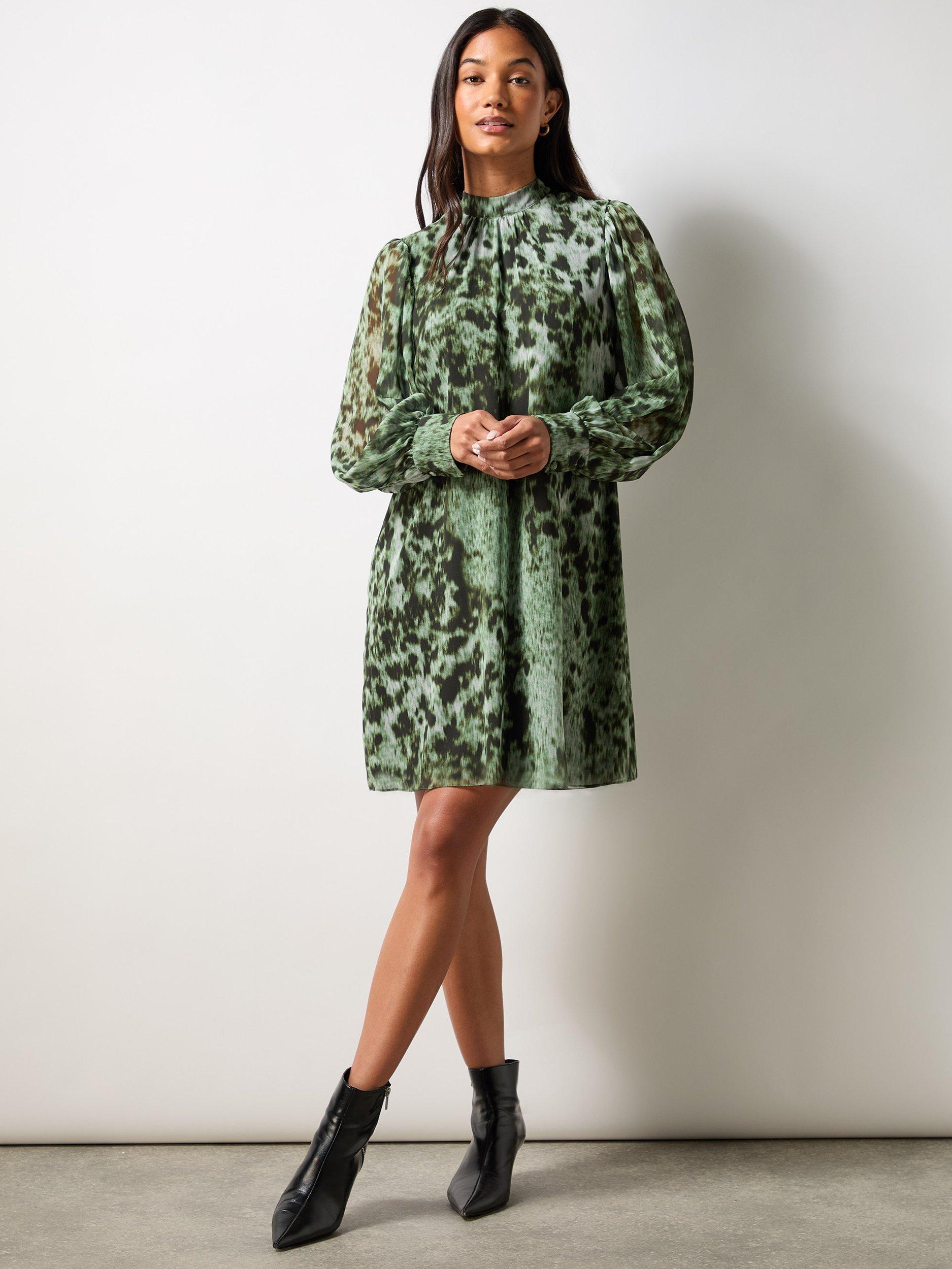 Ro&Zo Petite Leopard Print High Neck Dress, Green/Multi