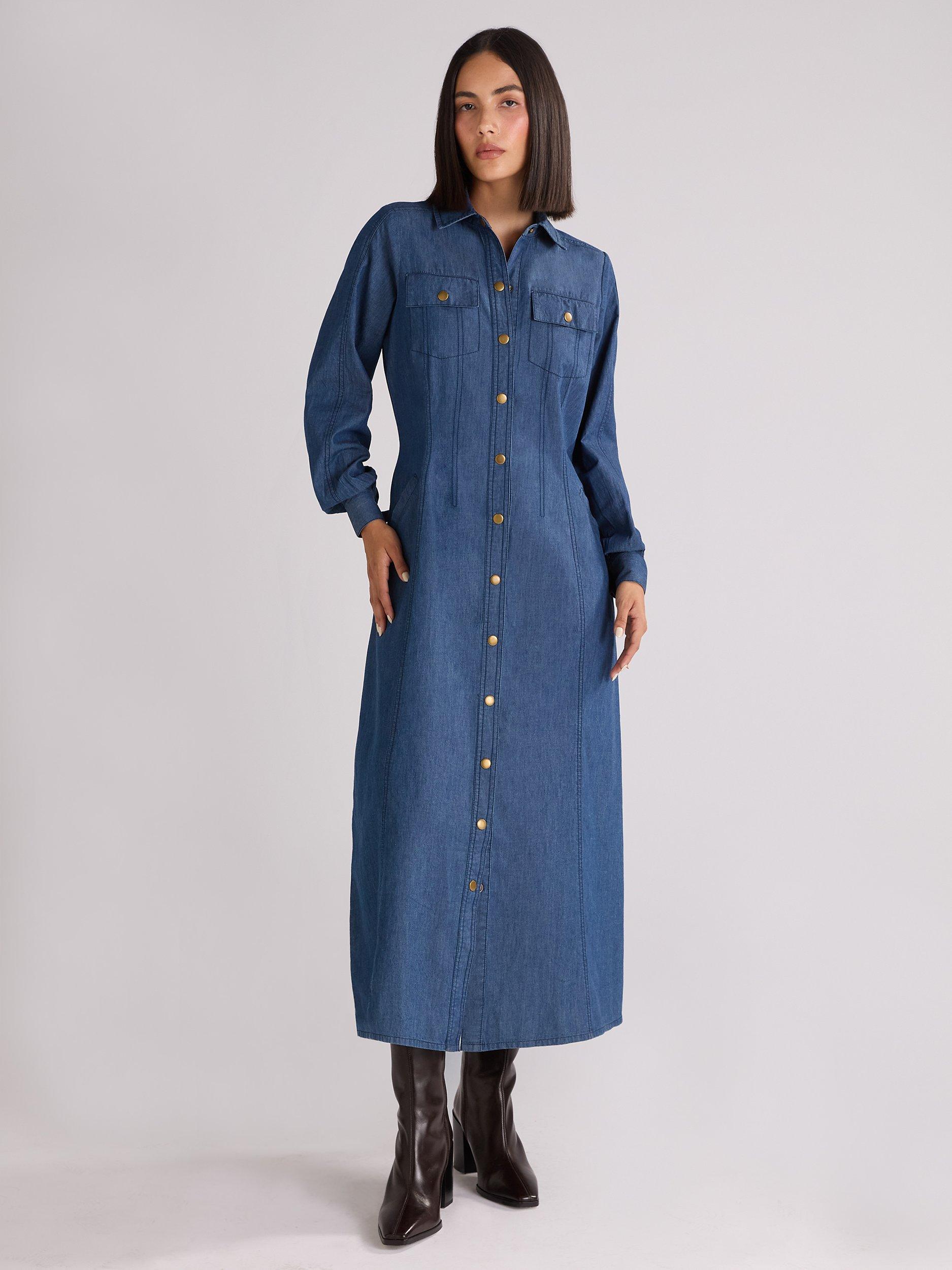Ro&Zo Petite Long Sleeve Denim Shirt Dress, Blue