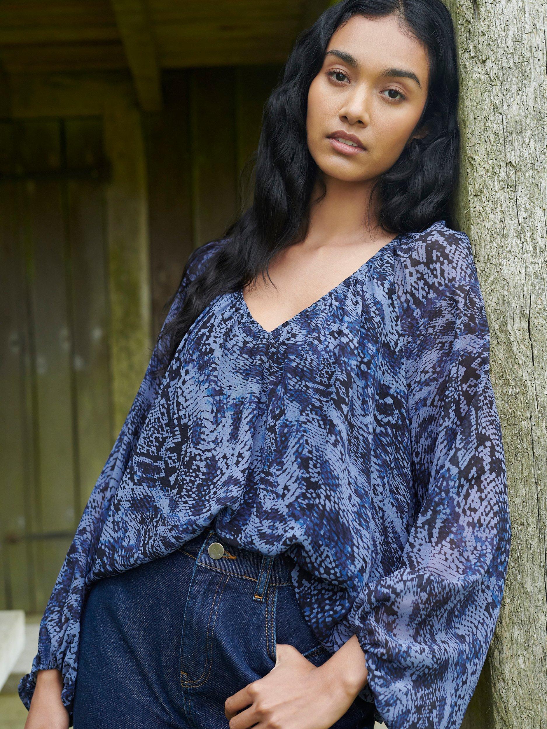 Product image 1 of 5, which shows Ro&Zo Snake Print Blouse, Blue/Multi, 10