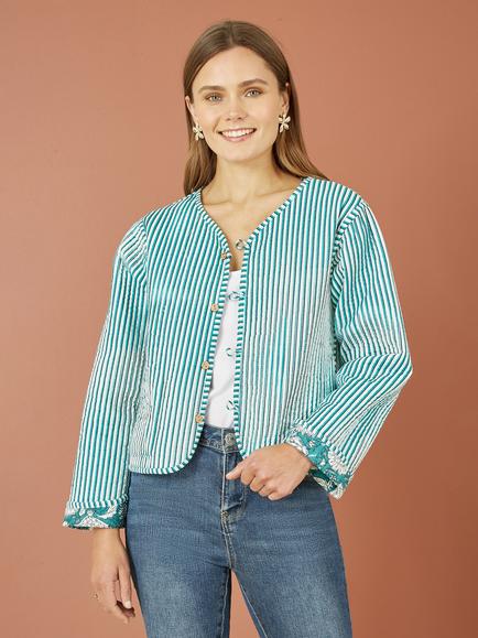 Yumi Floral Quilted Reversible Jacket, Green/Multi - view 2, Green/Multi