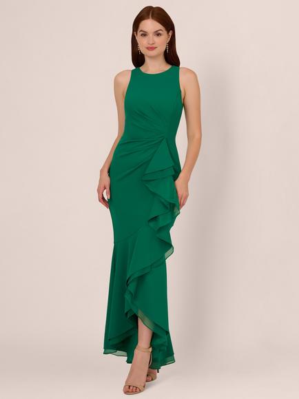 Adrianna Papell Ruffle Crepe Halterneck Dress, Radiant Emerald