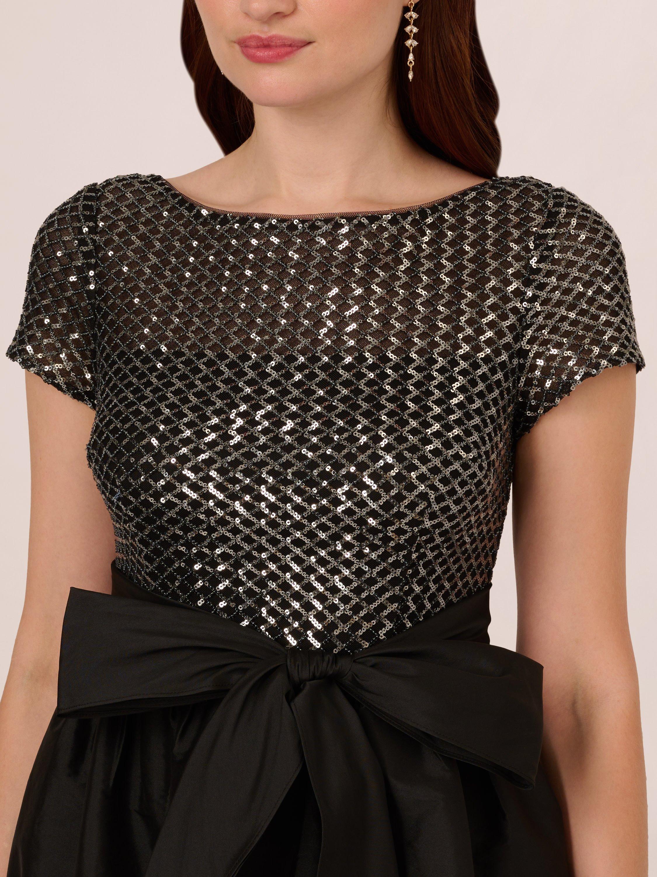 Product image 4 of 7, which shows Papell Studio Sequin High Low Dress, Black/Gunmetal, 6