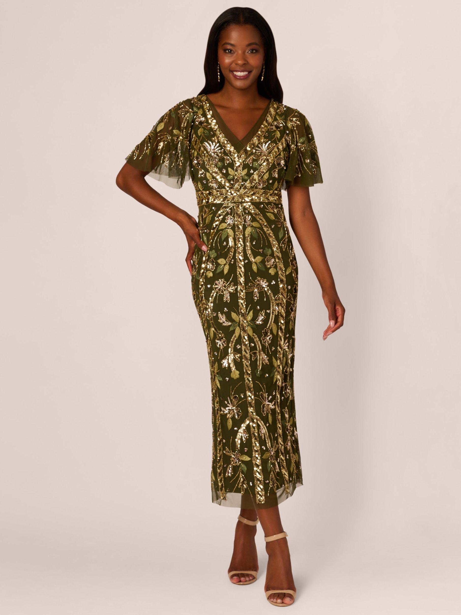 Adrianna Papell Bead Fluter Sleeve Dress Olive