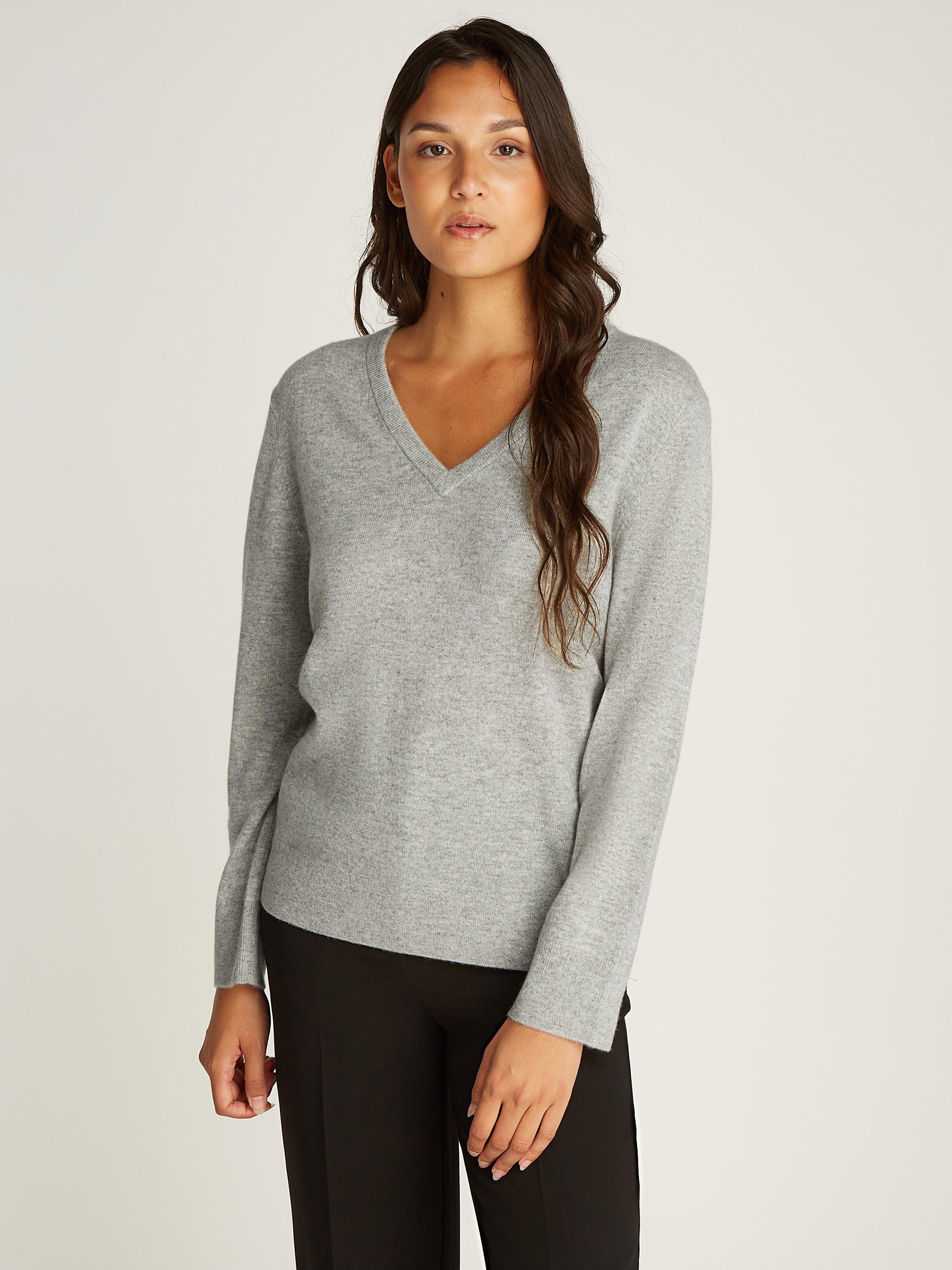 Calvin Klein Cashmere V Neck Jumper Light Grey Heather