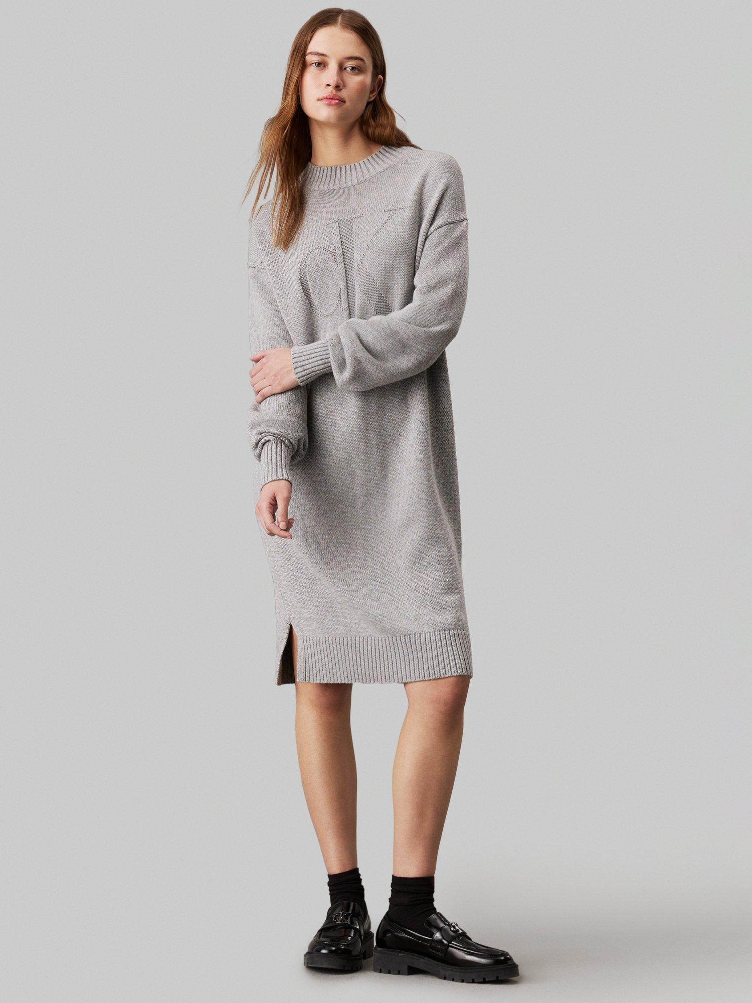 Calvin Klein Jeans Intarsia Logo Wool Blend Dress Grey Heather