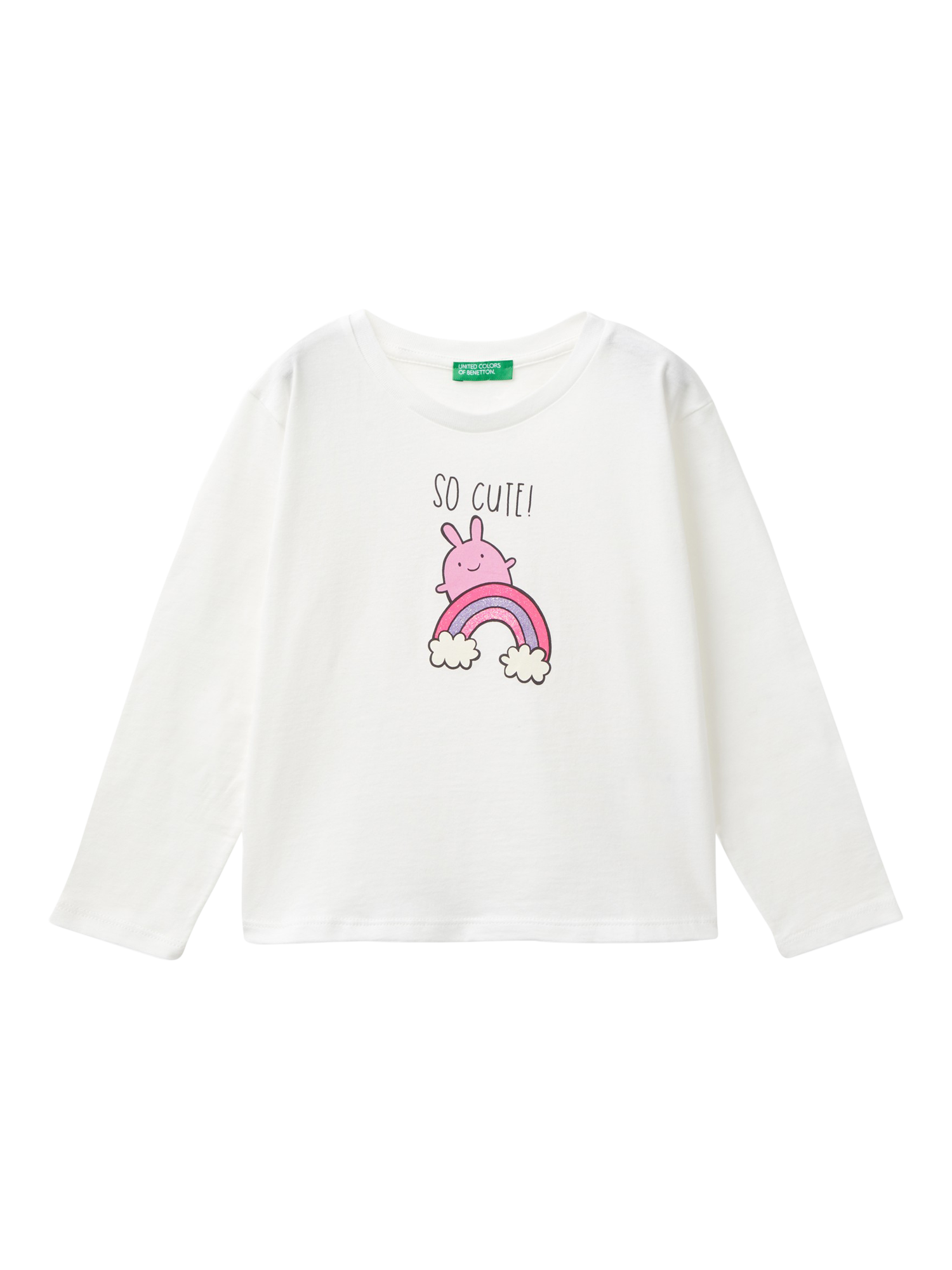 Benetton Kids' Cotton Glitter Print Long Sleeve T-Shirt, Offwhite