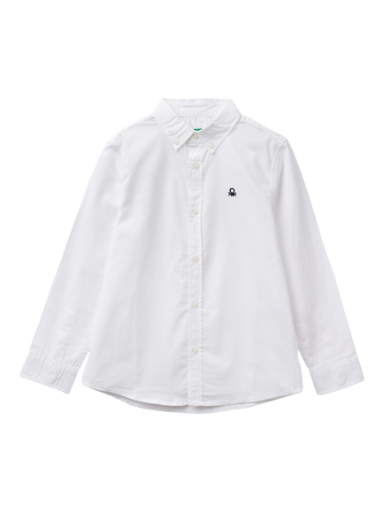 Benetton Kids' Cotton Poplin Long Sleeve Shirt, Optical White, Optical White