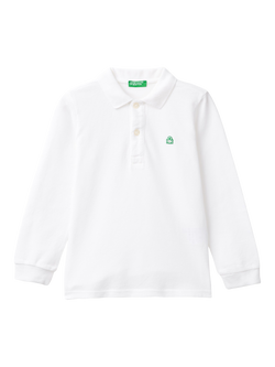 Benetton Kids' Cotton Long Sleeve Polo Shirt, Optical White