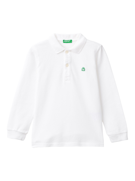 Benetton Kids' Cotton Long Sleeve Polo Shirt, Optical White