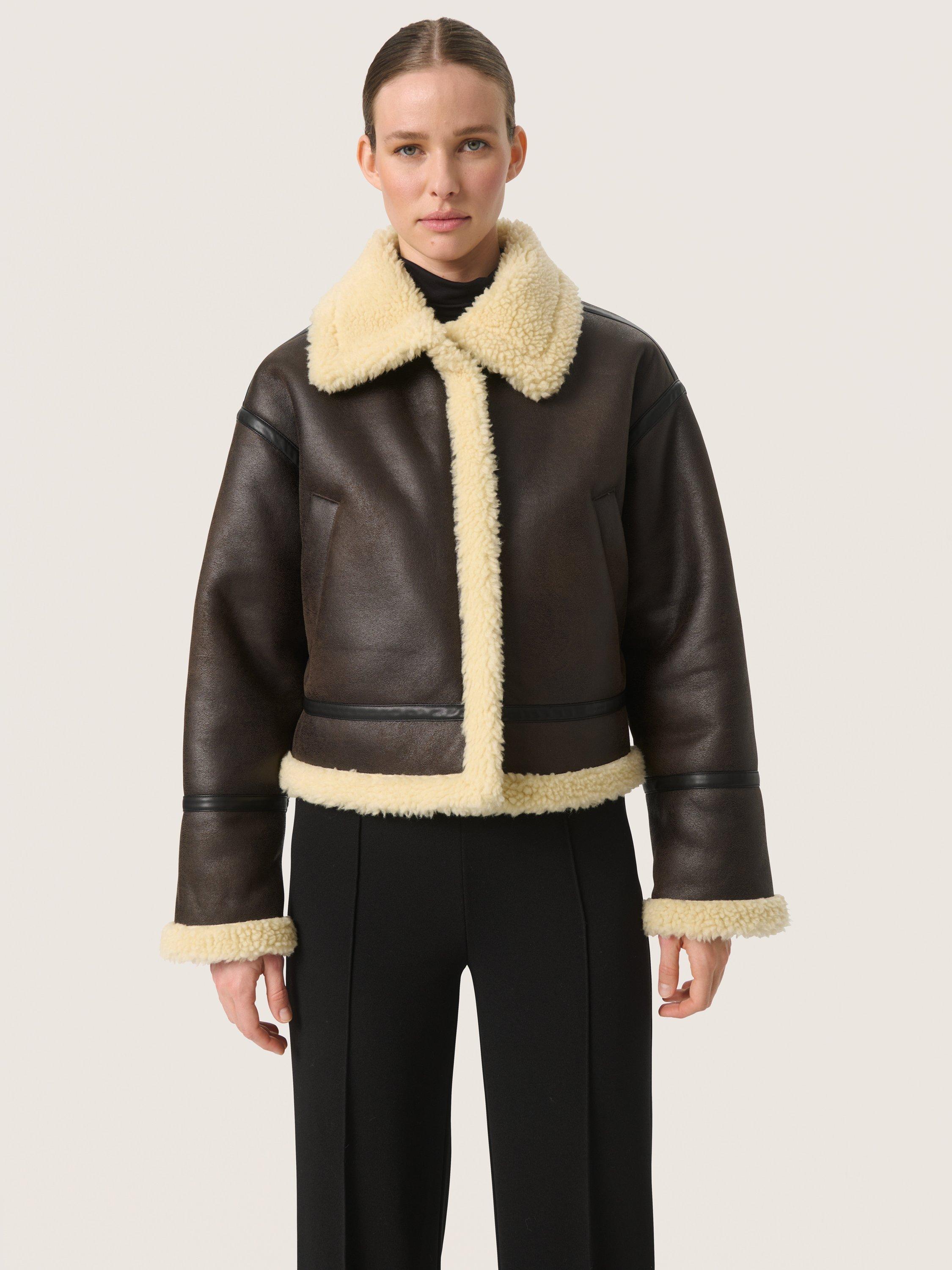 Product image 1 of 6, which shows Soaked In Luxury Elora Faux Leather Aviator Jacket, Brown, M