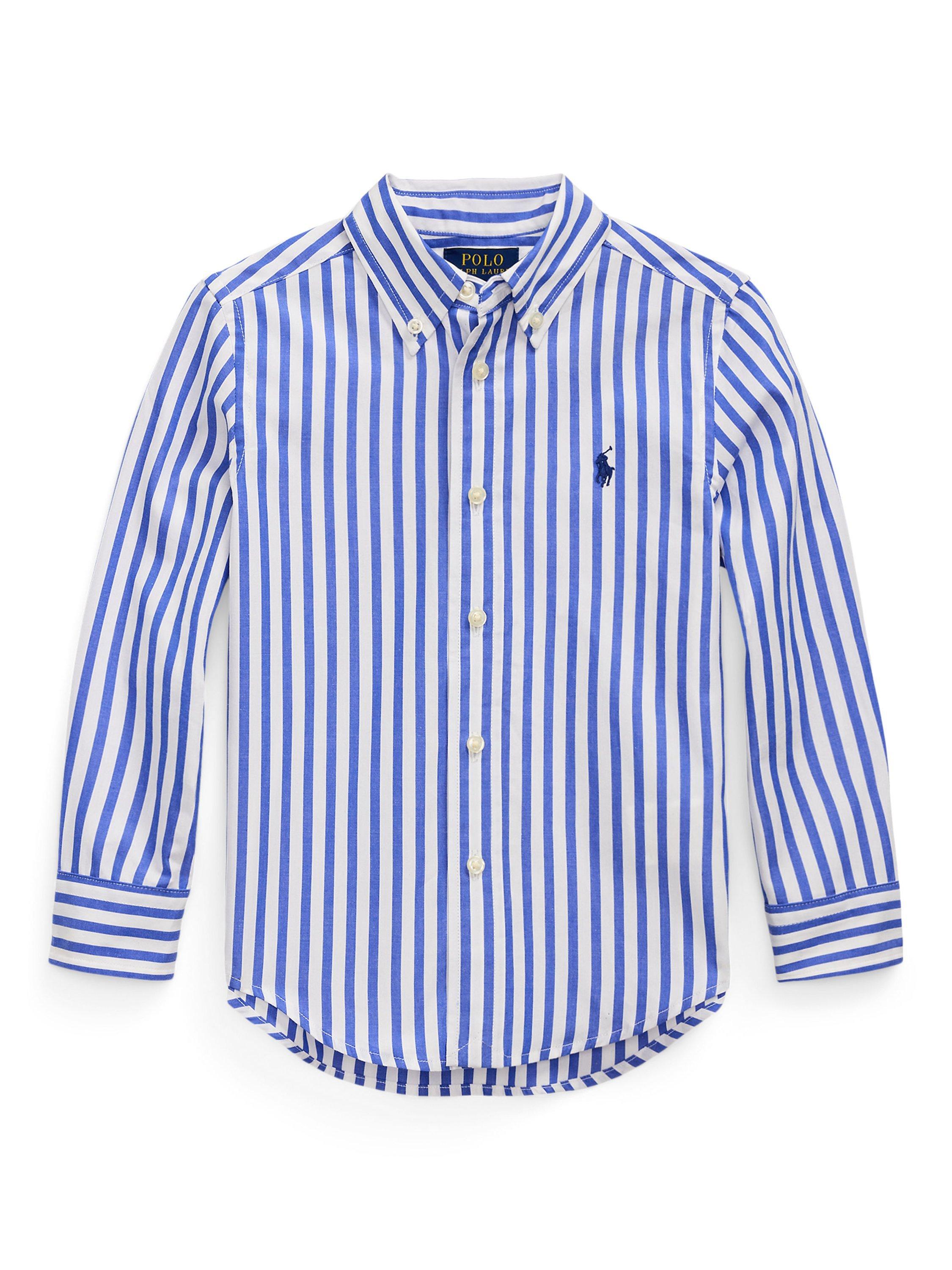 Product image 1 of 2, which shows Polo Ralph Lauren Kids' Long Sleeved Striped Shirt, White/Blue, 2 years
