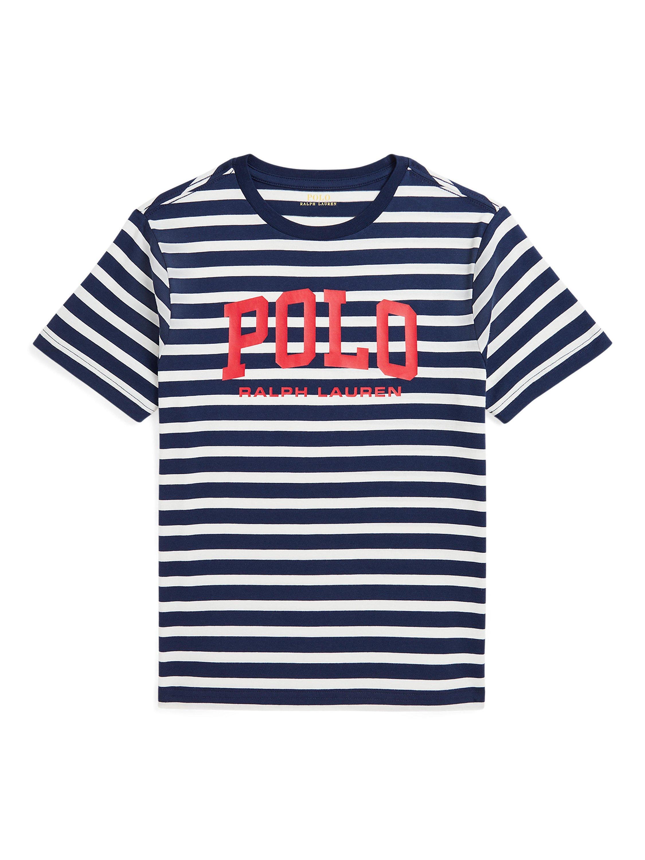 Product image 1 of 5, which shows Polo Ralph Lauren Kids' Logo Stripe Knitted T-Shirt, Newport Navy, M