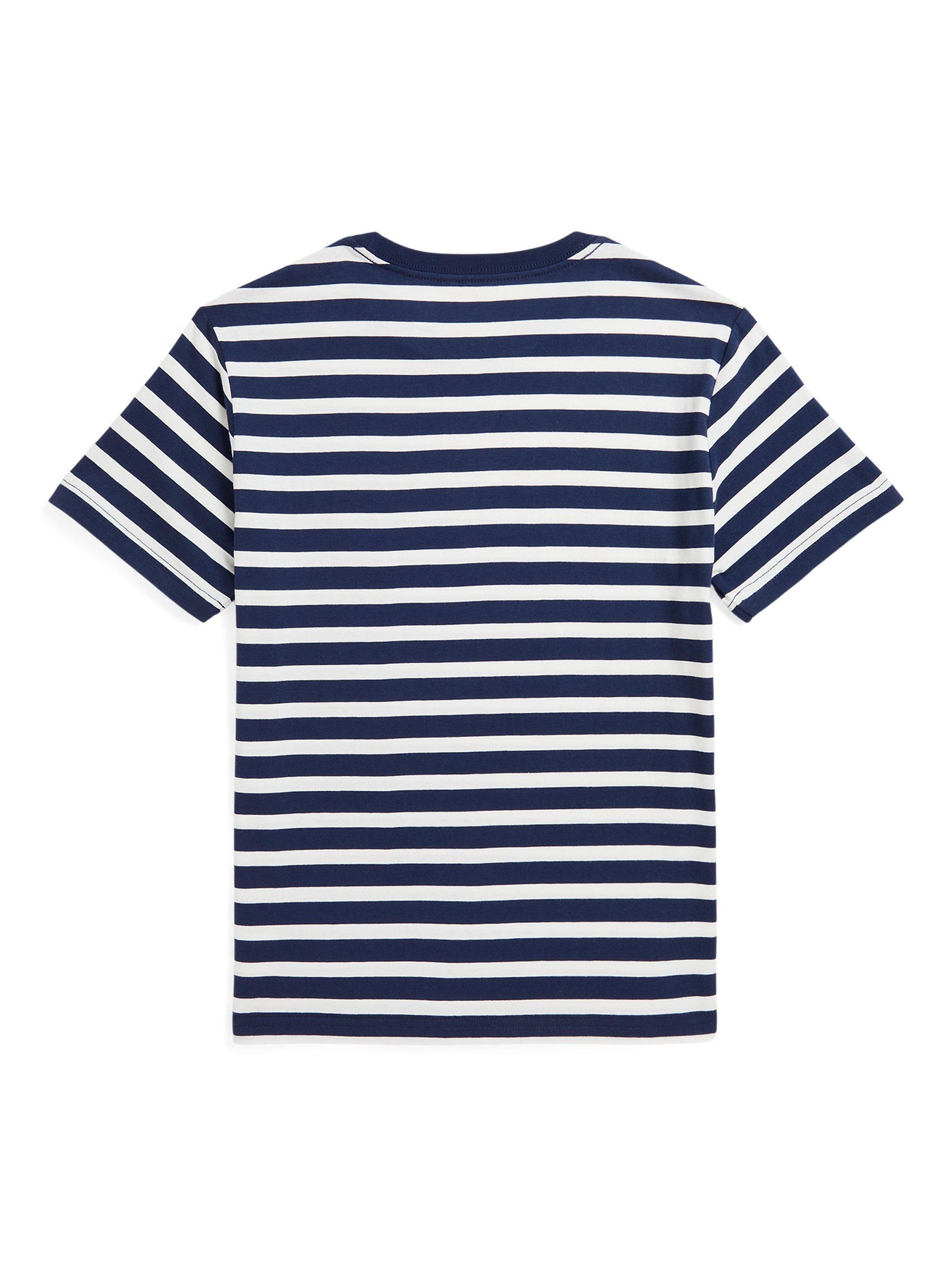 Product image 2 of 5, which shows Polo Ralph Lauren Kids' Logo Stripe Knitted T-Shirt, Newport Navy, M