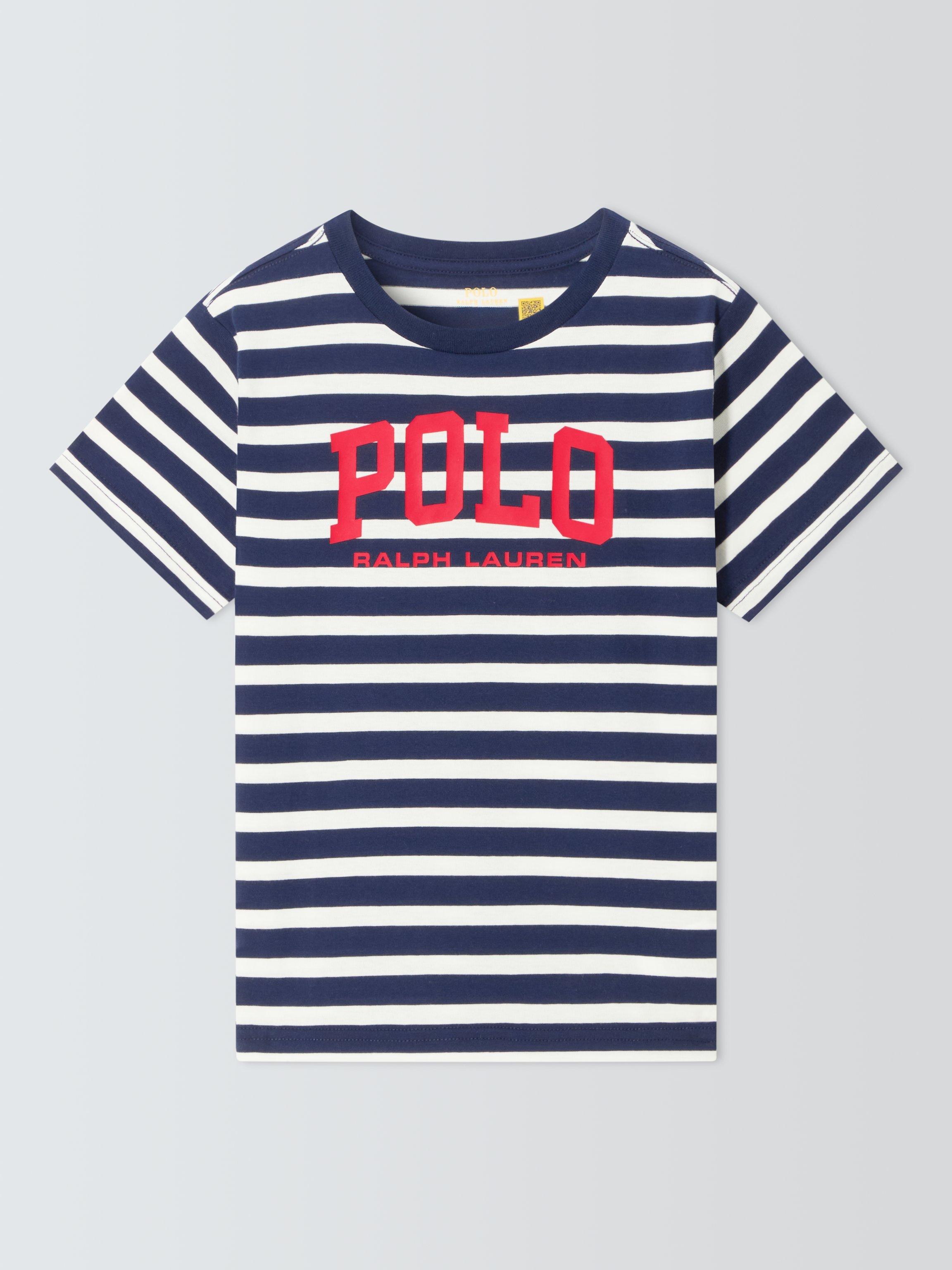 Product image 3 of 5, which shows Polo Ralph Lauren Kids' Logo Stripe Knitted T-Shirt, Newport Navy, M