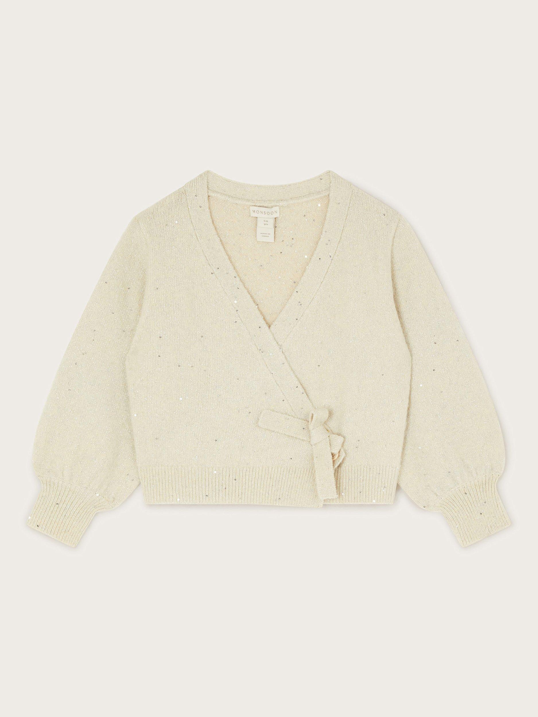 Product image 1 of 3, which shows Monsoon Kids' Sequin Ballet Wrap Cardigan, Champagne, 5-6 years