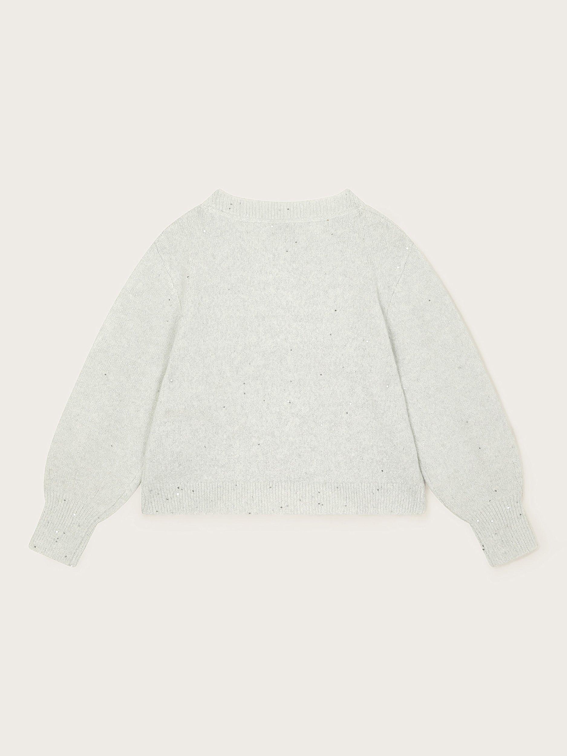 Product image 2 of 3, which shows Monsoon Kids' Sequin Star Cardigan, Silver, 11-12 years