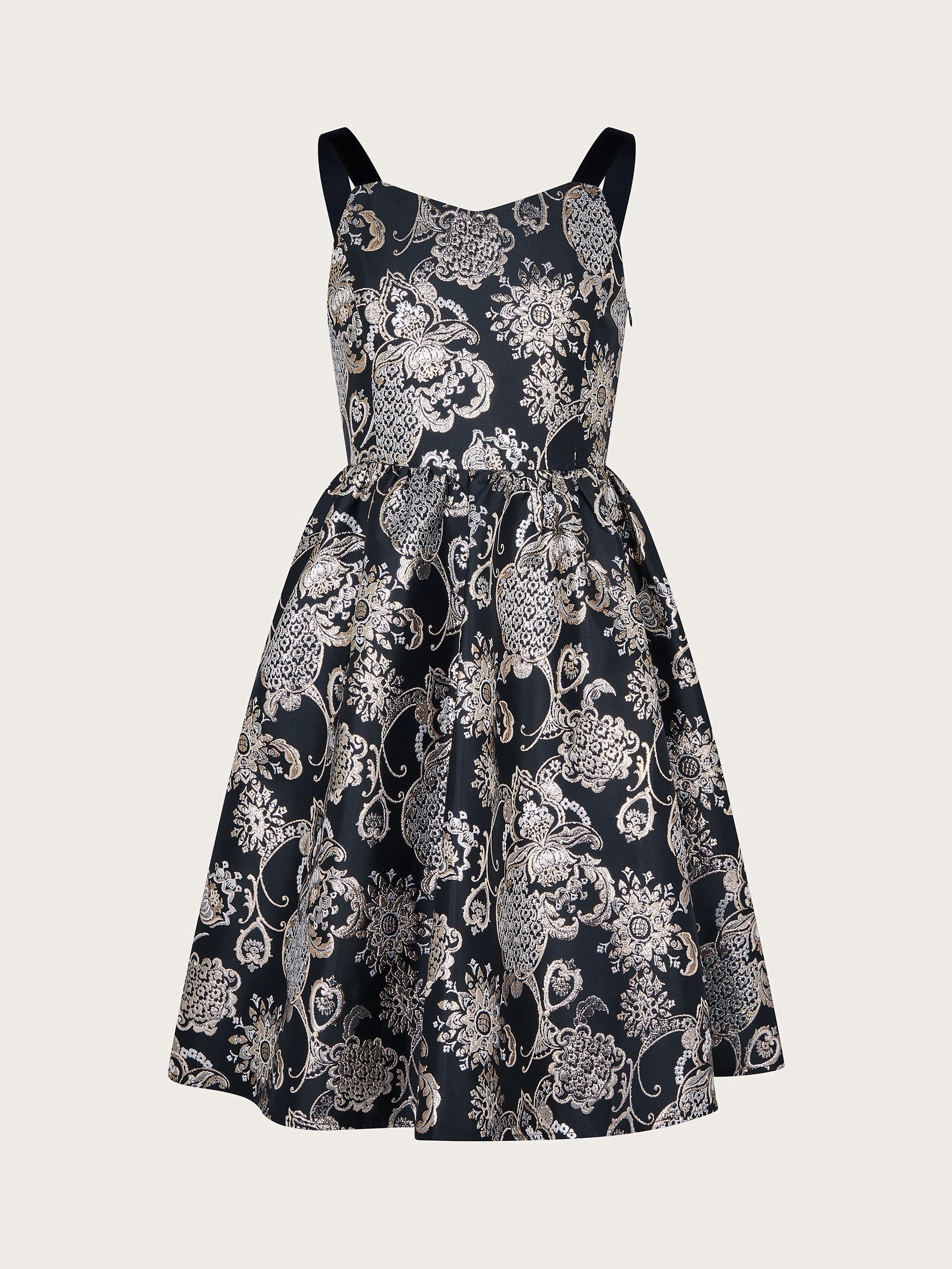 Product image 1 of 3, which shows Monsoon Kids' Stormie Jacquard Prom Dress, Black, 9 years