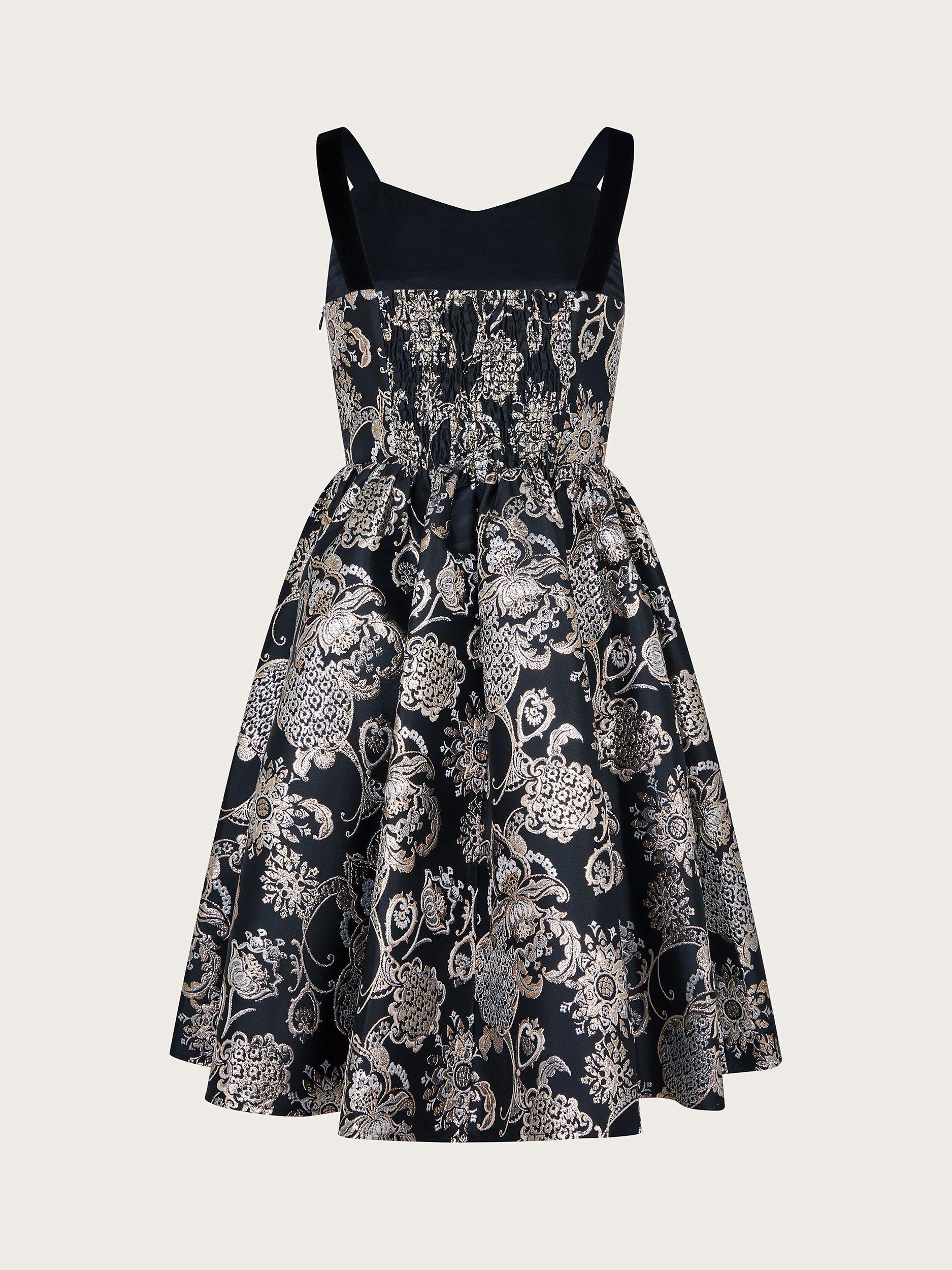 Product image 2 of 3, which shows Monsoon Kids' Stormie Jacquard Prom Dress, Black, 9 years