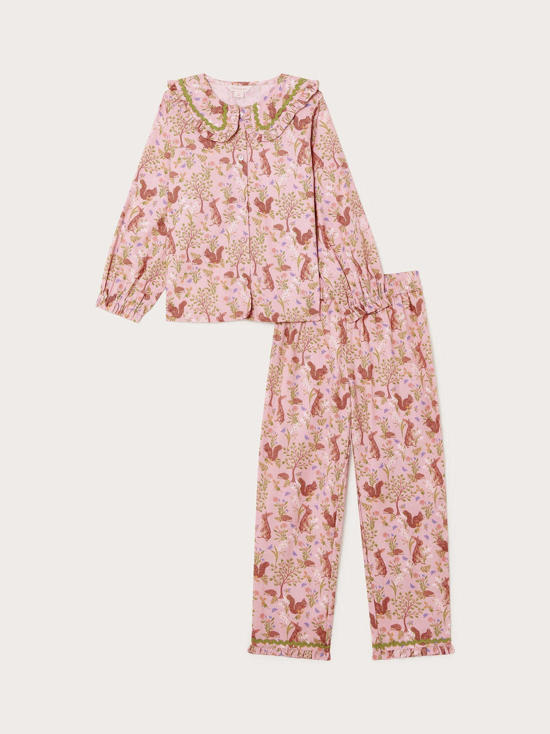 Monsoon Kids' Woodland Print Cotton Pyjama Set, Pink