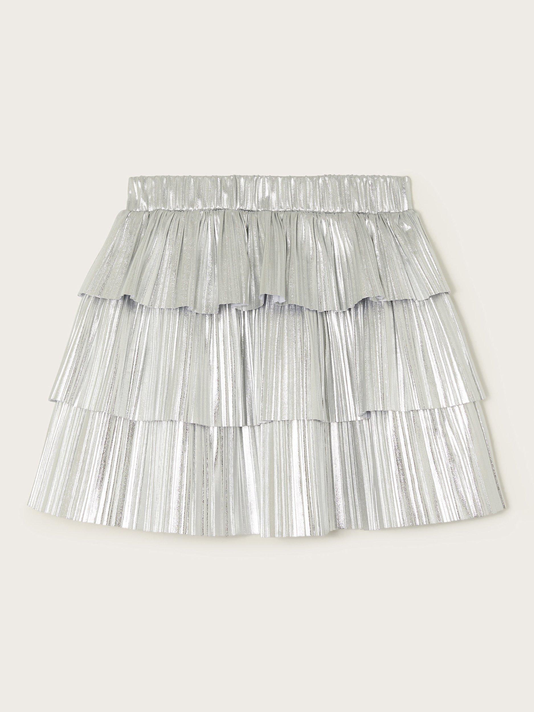 Product image 1 of 3, which shows Monsoon Kids' Metallic Ruffle Skirt, Silver, 11-12 years