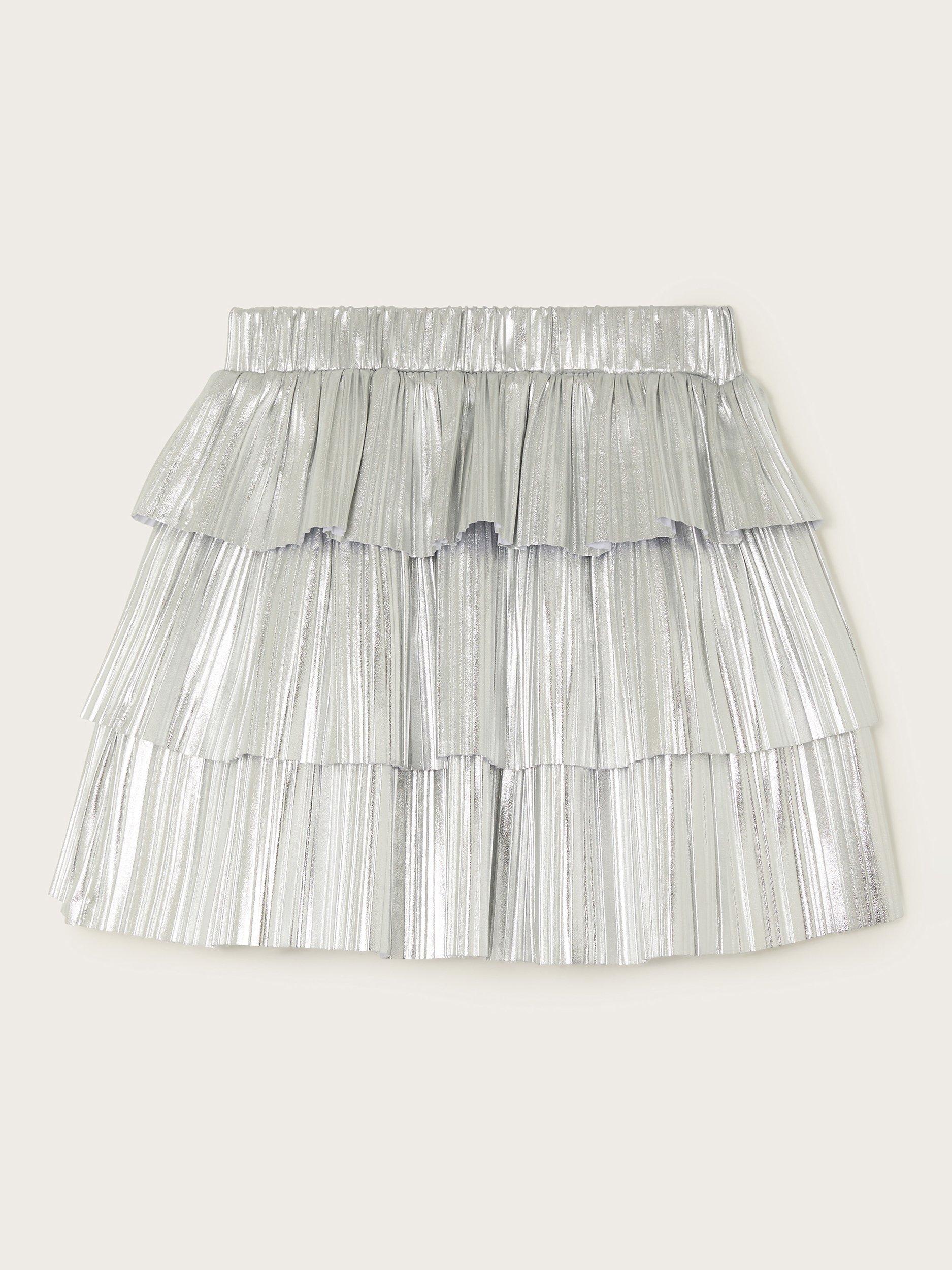 Product image 2 of 3, which shows Monsoon Kids' Metallic Ruffle Skirt, Silver, 11-12 years