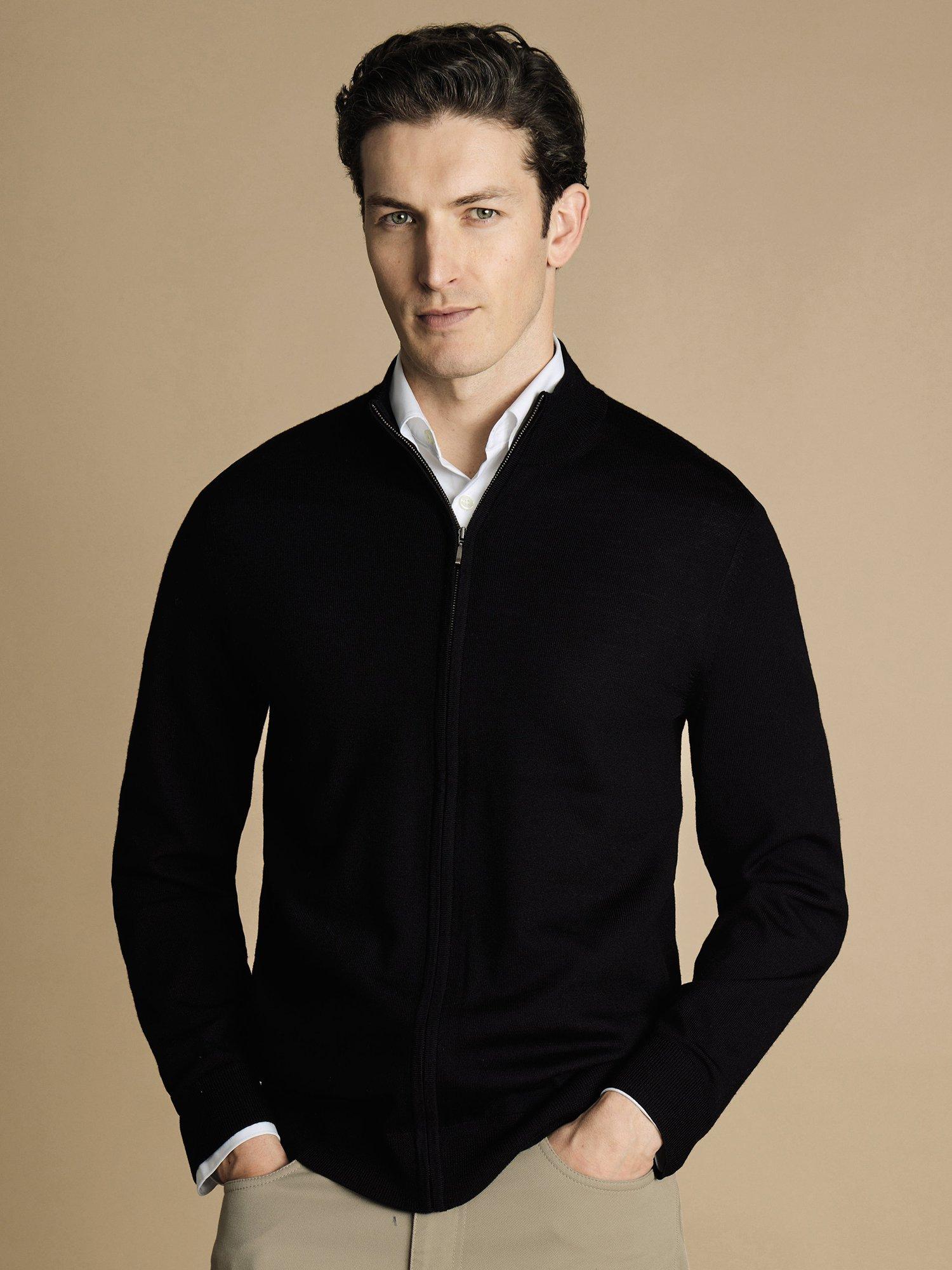 Product image 1 of 5, which shows Charles Tyrwhitt Pure Merino Wool Zip Through Cardigan, Black, S