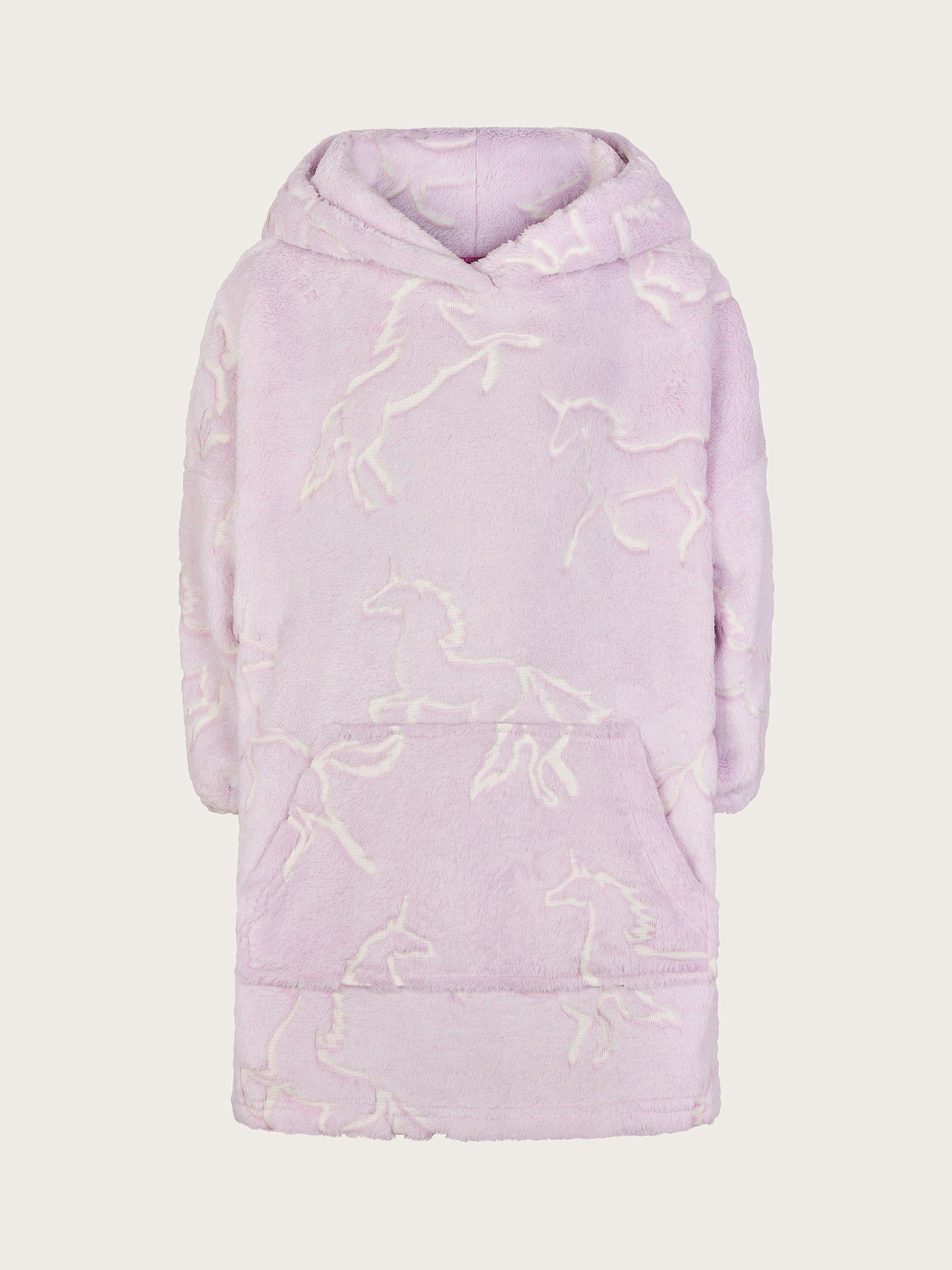 Product image 1 of 3, which shows Monsoon Kids' Fleece Unicorn Print Blanket Hoodie, Pink, 11-12 years