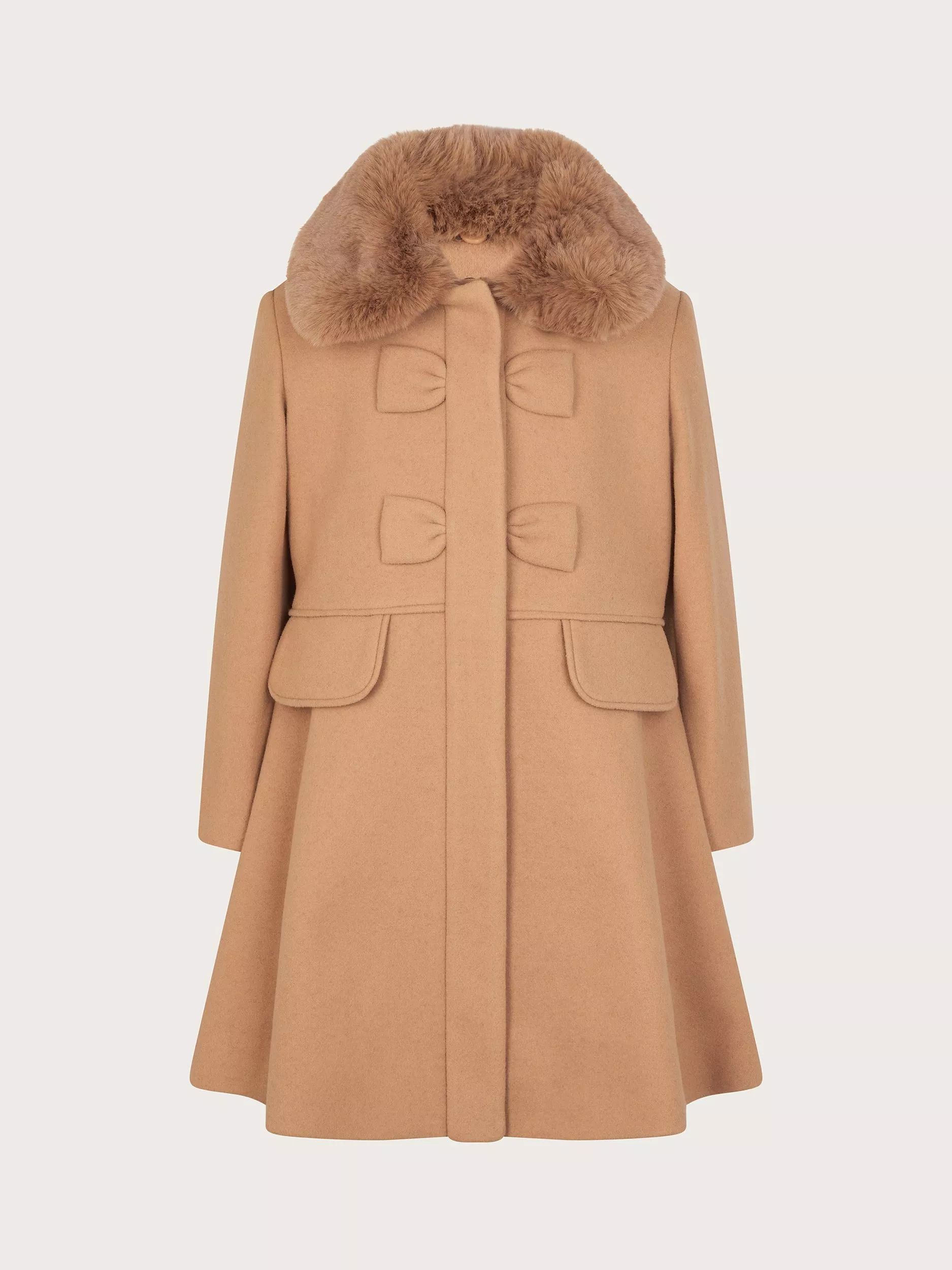 Monsoon Kids Faux Fur Collar Bow Swing Coat Camel