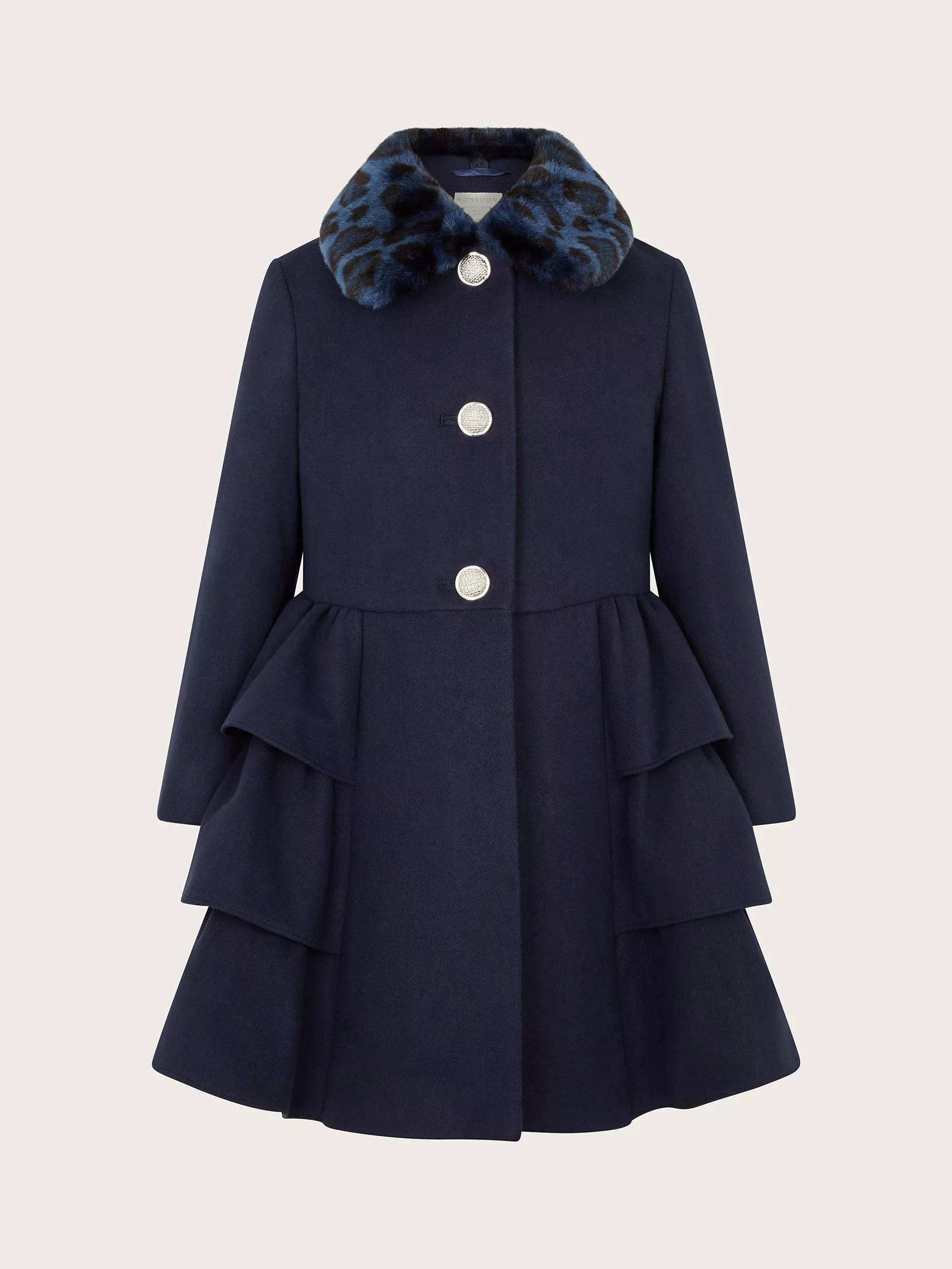 Monsoon Kids Faux Fur Collar Peplum Coat Navy