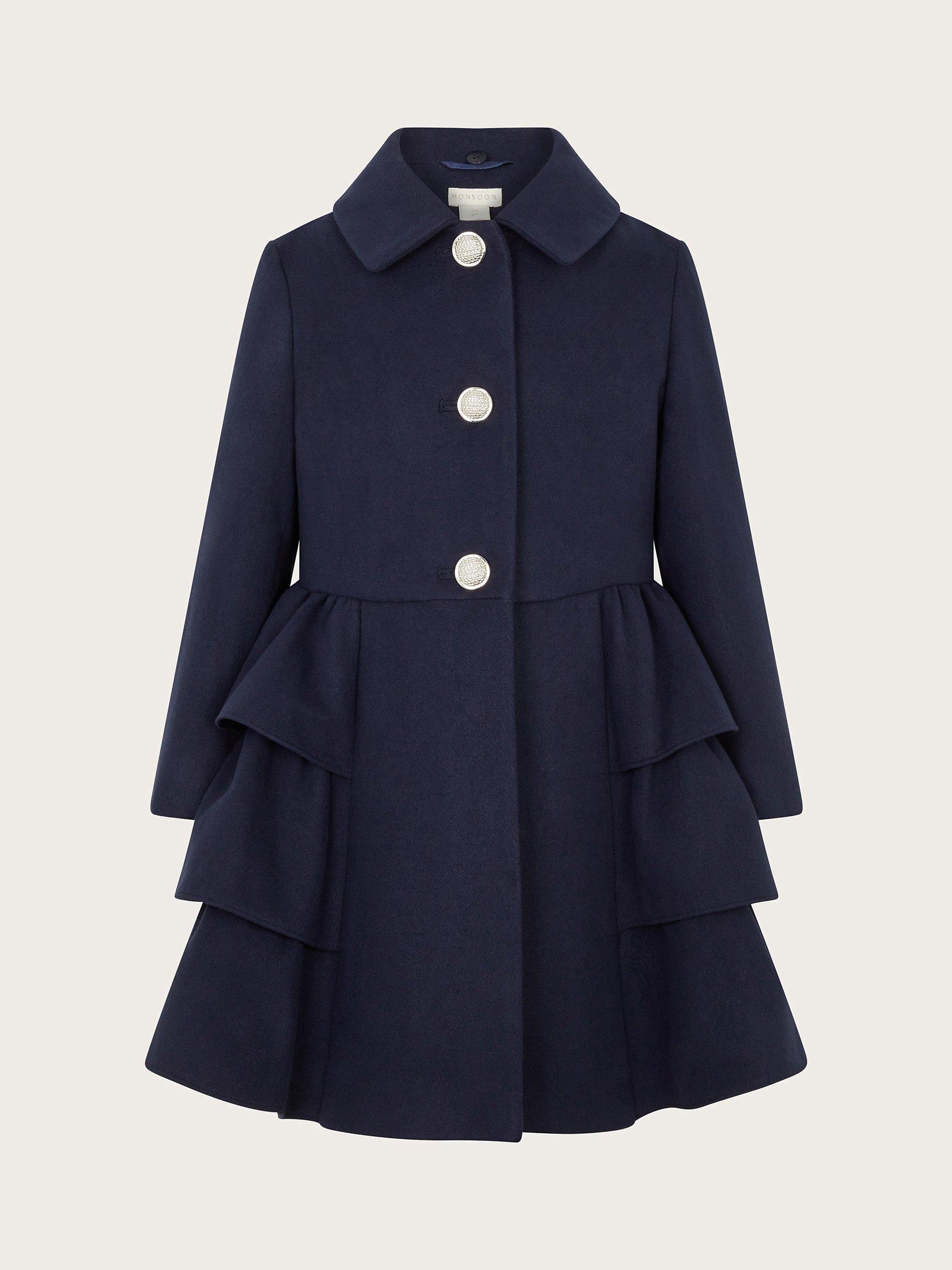 Product image 3 of 4, which shows Monsoon Kids' Faux Fur Collar Peplum Coat, Navy, 3-4 years