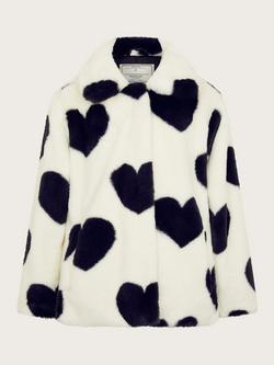 Monsoon Kids' Heart Print Faux Fur Coat, Black/White, Black/White