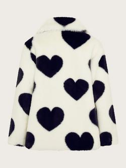 Monsoon Kids' Heart Print Faux Fur Coat, Black/White - view 2, Black/White
