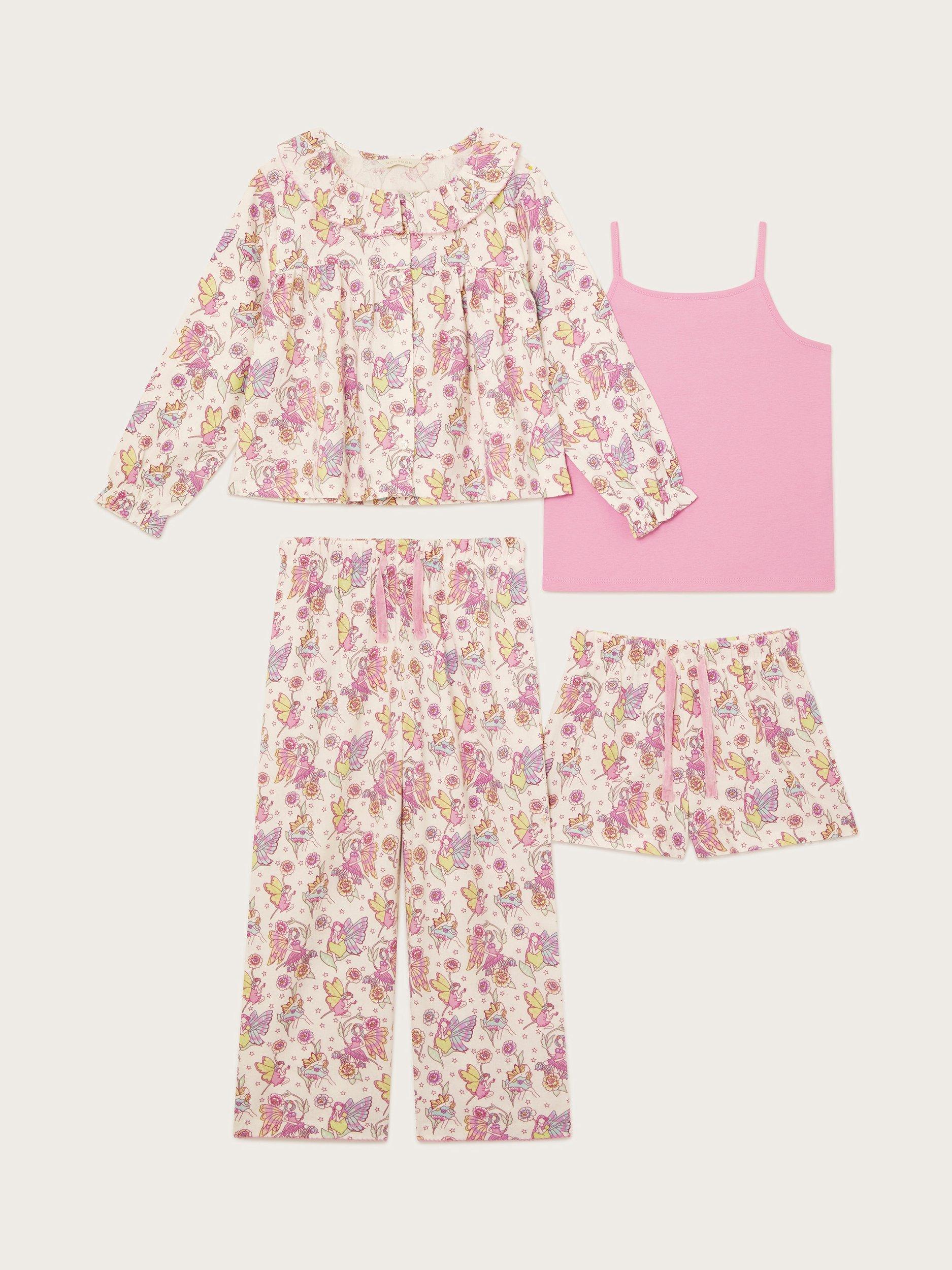 Monsoon Kids' Cotton Flannel Fairy Print Pyjama Set, Pack of 4, Ivory